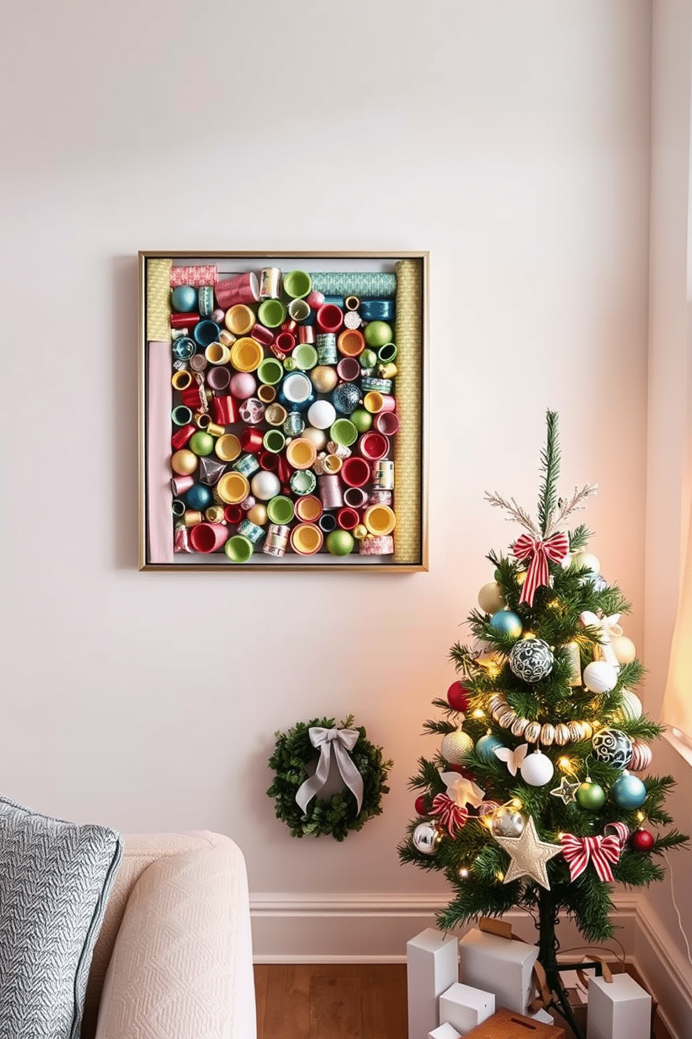 A vibrant display of colorful wrapping paper is transformed into a stunning piece of art, framed in a sleek modern frame and mounted on a feature wall. The arrangement showcases a variety of patterns and colors, creating a festive focal point that brightens the room. For small space Christmas decorating, a compact tree adorned with twinkling lights and minimalist ornaments sits in the corner, maximizing the use of vertical space. Surrounding the tree, a collection of carefully arranged holiday-themed decor items, such as wreaths and garlands, adds warmth and charm without overwhelming the area.