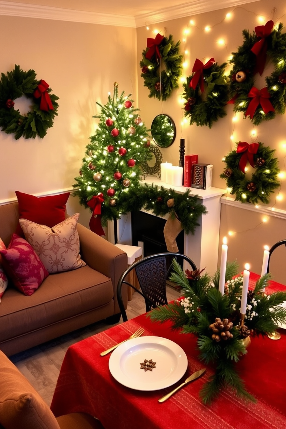 A cozy living room adorned for the holiday season, featuring a small, elegantly decorated Christmas tree with warm white lights and rich red and gold ornaments. The space is enhanced by seasonal throw pillows in deep green and burgundy, and a festive garland draped over the mantelpiece, complemented by flickering candles and pinecones. A compact dining area transformed for Christmas, showcasing a beautifully set table with a red and white tablecloth, gold flatware, and seasonal centerpieces of holly and evergreen branches. The walls are adorned with wreaths in vibrant reds and greens, and twinkling fairy lights add a warm glow to the intimate setting.