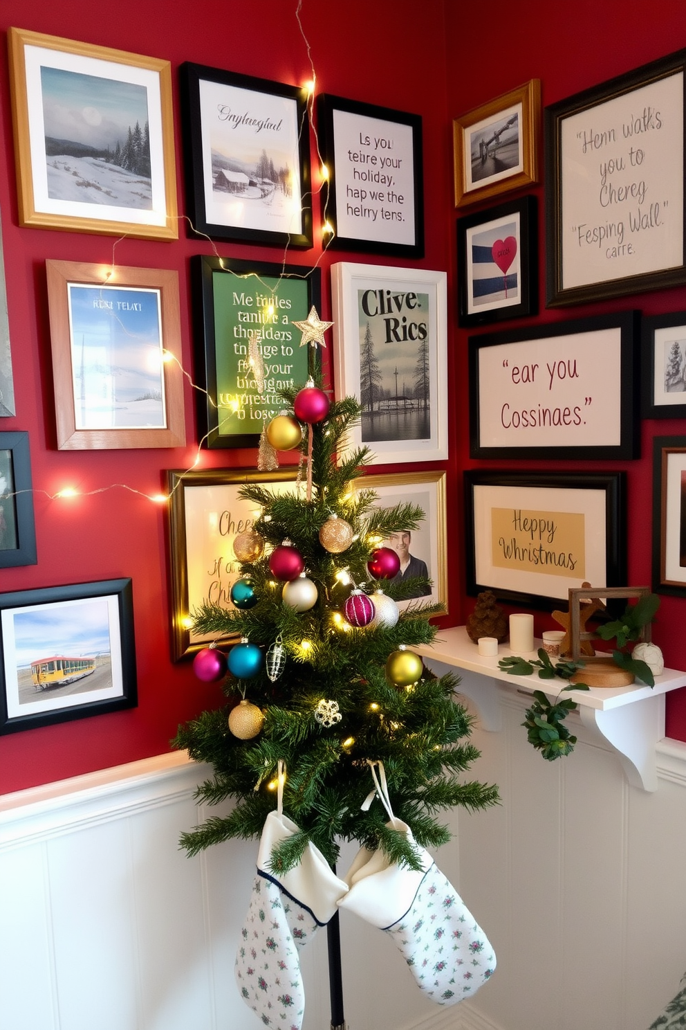 A festive gallery wall adorned with an array of holiday-themed artwork, including framed prints of winter landscapes and cheerful seasonal quotes. Twinkling fairy lights weave through the frames, adding a warm glow to the collection, which is set against a backdrop of rich, deep red paint. Cozy and compact, this small space is transformed into a Christmas wonderland with a miniature tree adorned with colorful ornaments and a star on top. Stockings hang from a wall-mounted shelf, which is decorated with pinecones and sprigs of holly, creating a charming holiday atmosphere without overwhelming the limited space.