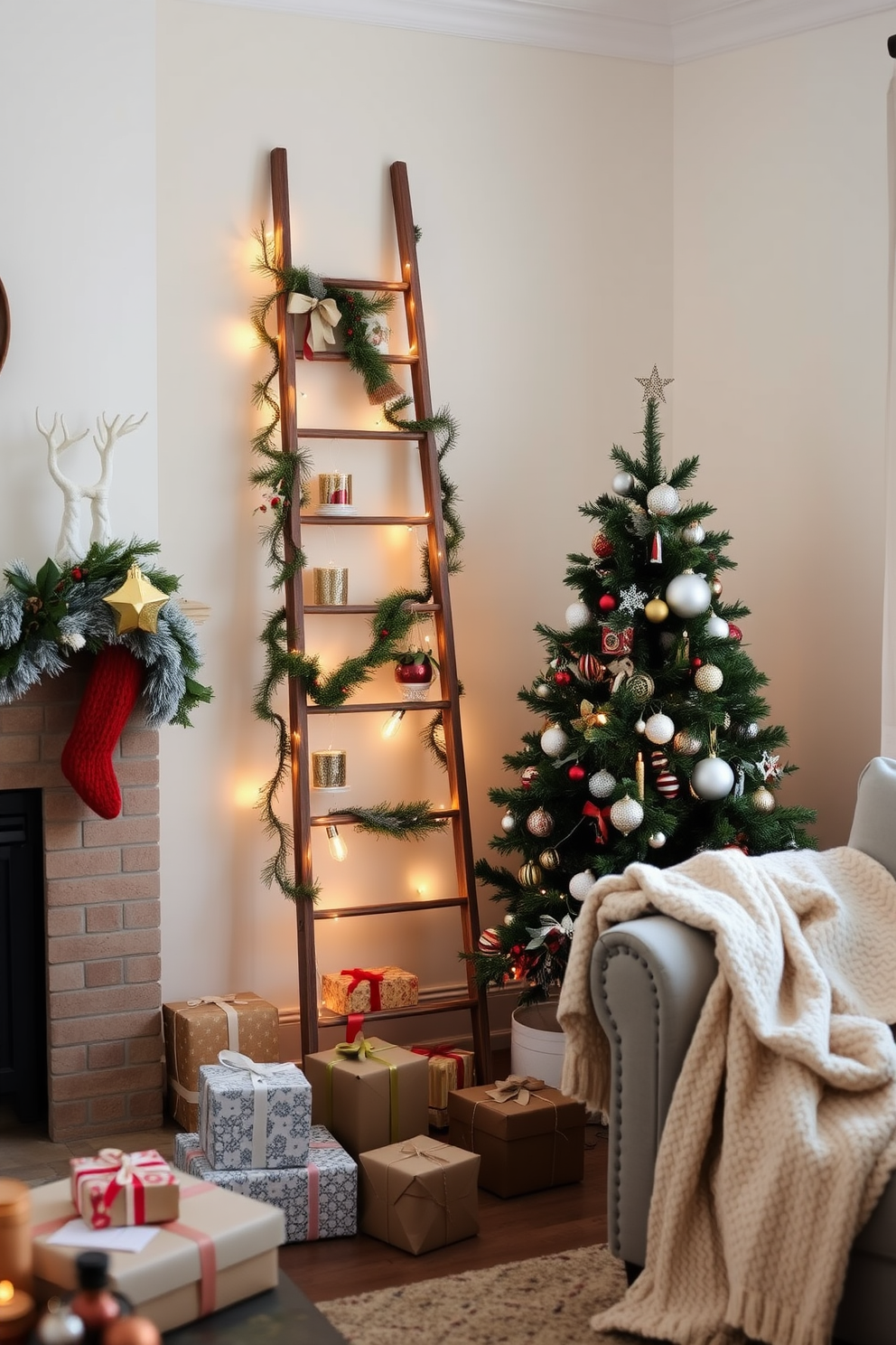 A cozy living room adorned for the holidays features a stylish ladder leaning against the wall, creatively displaying festive decor such as garlands, ornaments, and string lights. The space is accented with a small, elegantly decorated Christmas tree in the corner, surrounded by wrapped gifts and a soft, textured throw blanket draped over a nearby chair.