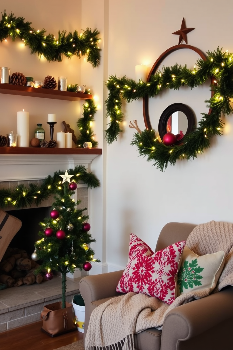 A cozy holiday scene featuring shelves adorned with lush green garlands intertwined with twinkling fairy lights. The mantels are elegantly decorated with a mix of pinecones, candles, and festive ornaments, creating a warm and inviting atmosphere. In a small living room, a compact tree stands in the corner, decorated with colorful ornaments and a star on top. The space is enhanced by a few strategically placed holiday-themed throw pillows and a soft, knitted blanket draped over the armchair.