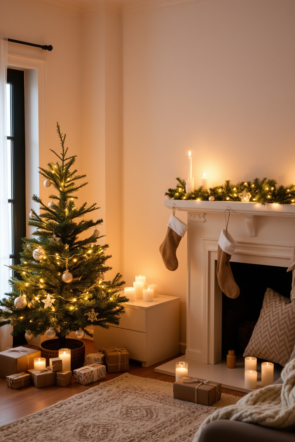 A cozy living room adorned for the holidays. Soft, warm lighting from candles fills the space, creating an inviting atmosphere with festive scents of cinnamon and pine. A small tree, decorated with delicate ornaments, stands in the corner, surrounded by wrapped gifts. Stockings hang from a minimalist mantel, complemented by seasonal greenery and fairy lights.