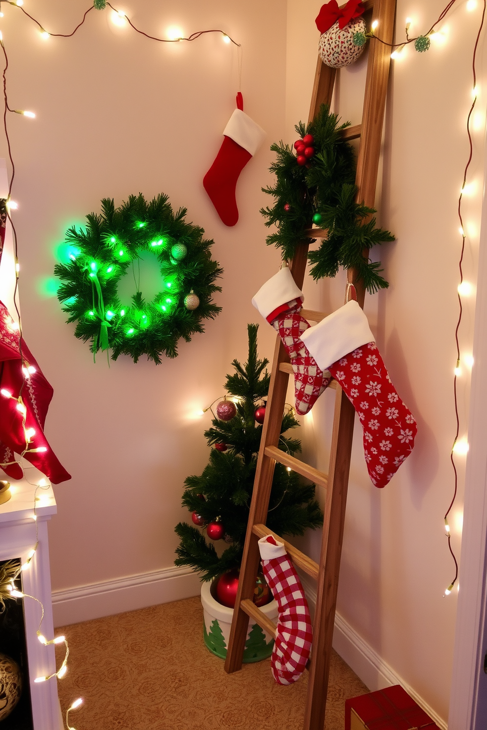 A charming small space decorated for Christmas features a decorative ladder leaning against a wall, adorned with colorful stockings of various patterns. The surrounding area is filled with twinkling fairy lights, a small evergreen tree in the corner, and festive ornaments that enhance the cozy holiday atmosphere.