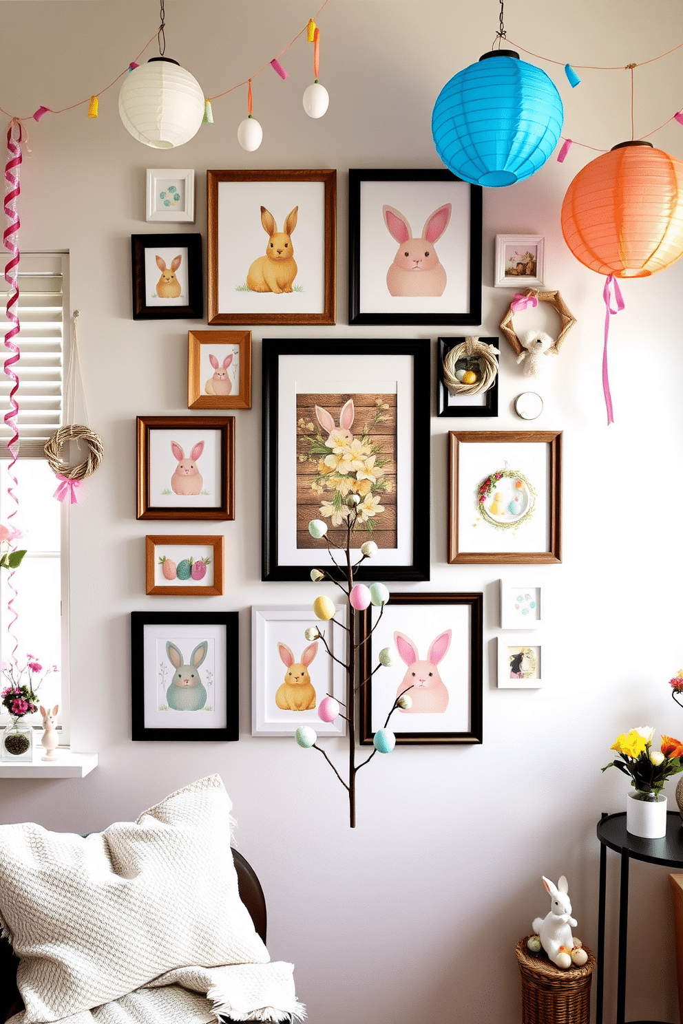 An Easter-themed wall art display. A gallery wall featuring framed prints of bunnies, pastel-colored eggs, and spring flowers arranged in a cohesive pattern. The frames vary in size and style, with some featuring rustic wooden borders and others sleek white frames. The wall itself is painted in a soft, neutral shade to allow the vibrant artwork to stand out. Small decorative items like mini wreaths and hanging ornaments enhance the festive atmosphere. Small Space Easter Decorating Ideas. Utilize vertical space by hanging colorful garlands and paper lanterns adorned with Easter motifs. Place a small, decorated Easter tree on a side table, complete with miniature eggs and ribbons. Incorporate pastel-colored throw pillows and a cozy blanket to add seasonal charm to your seating area. Use window sills and shelves to display potted spring flowers and small bunny figurines for a cheerful touch.