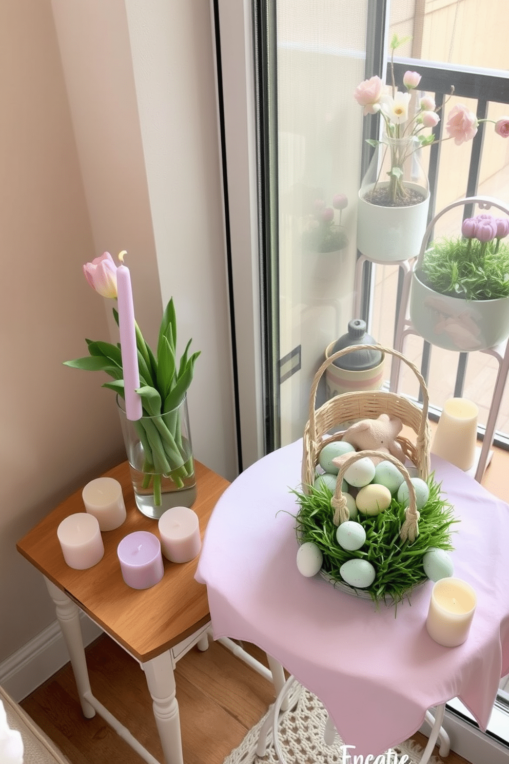 A cozy living room corner decorated for spring. On a small wooden side table, there are several pastel-colored candles in shades of pink, lavender, and mint green, each in a different shape and size, creating a soft, inviting glow. Next to the candles, a glass vase holds a bouquet of fresh tulips, complementing the pastel theme. A compact apartment balcony adorned with Easter decorations. A small bistro table is set with a pastel-colored tablecloth, on which a decorative Easter basket filled with painted eggs and faux grass sits. Surrounding the basket, tiny bunny figurines and pastel-colored candles add a festive touch.