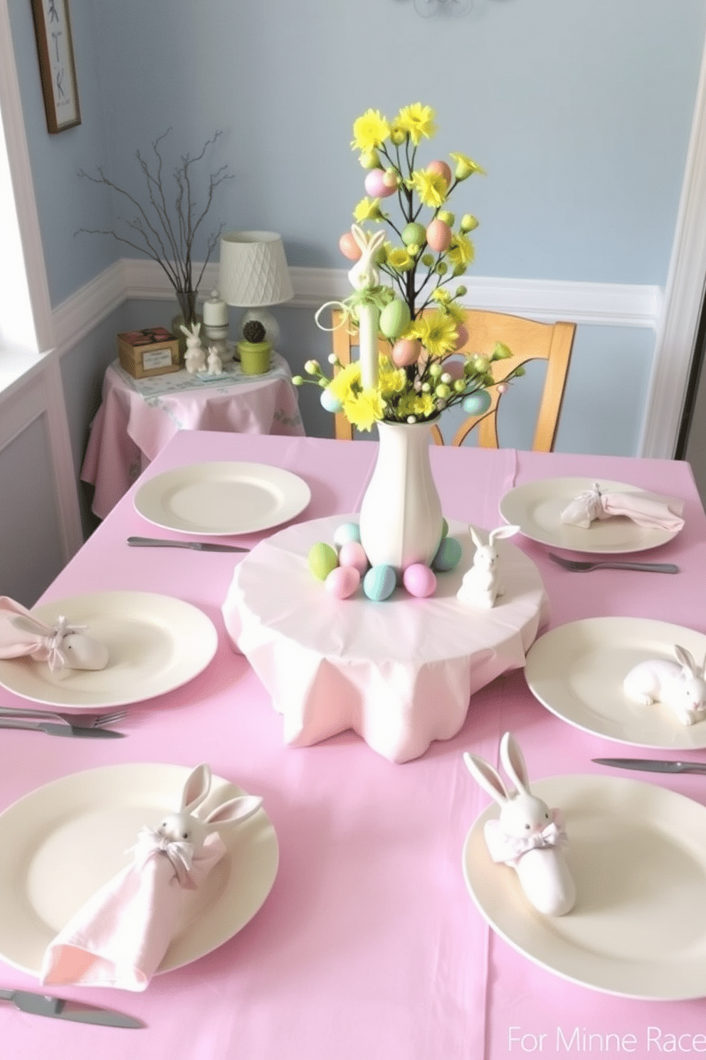 A dining table set for an Easter celebration, featuring pastel-colored dishes and bunny-shaped napkin holders. The table is adorned with a light pink tablecloth, and a centerpiece of fresh flowers in a white ceramic vase sits in the middle, surrounded by small decorative Easter eggs. Creative ways to decorate a small space for Easter, using compact and colorful decorations. A cozy corner with a small table draped in a pastel table runner, topped with a miniature Easter tree decorated with tiny ornaments, and a few strategically placed bunny figurines and fresh spring flowers.