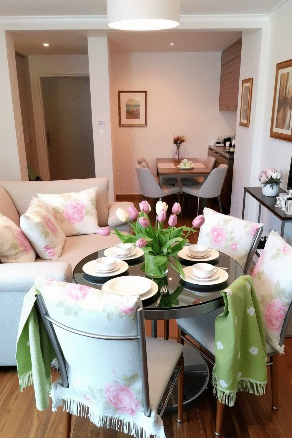 A cozy living room with a modern touch. The sofa is adorned with floral print cushions in shades of pink and green, complemented by matching floral throws draped over the armrests. A compact apartment beautifully decorated for Easter. The small dining table is set with pastel-colored plates and napkins, surrounded by chairs adorned with floral print cushions and throws, while a vase of fresh tulips sits at the center.