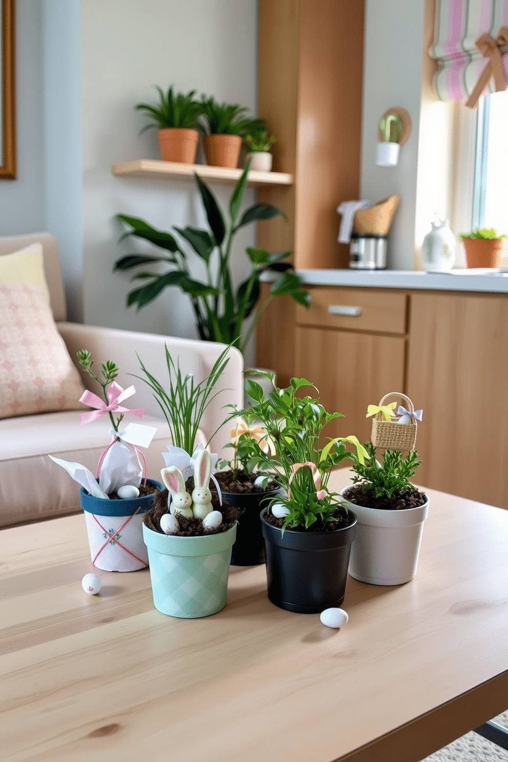 A cozy living room adorned with small potted plants featuring Easter-themed decorations. The plants are placed on a wooden coffee table, each pot wrapped in pastel-colored fabric and adorned with tiny Easter eggs and miniature bunny figurines. A compact kitchen corner creatively decorated for Easter. Small potted herbs on the windowsill are embellished with colorful ribbons and miniature Easter baskets, adding a festive touch to the space.