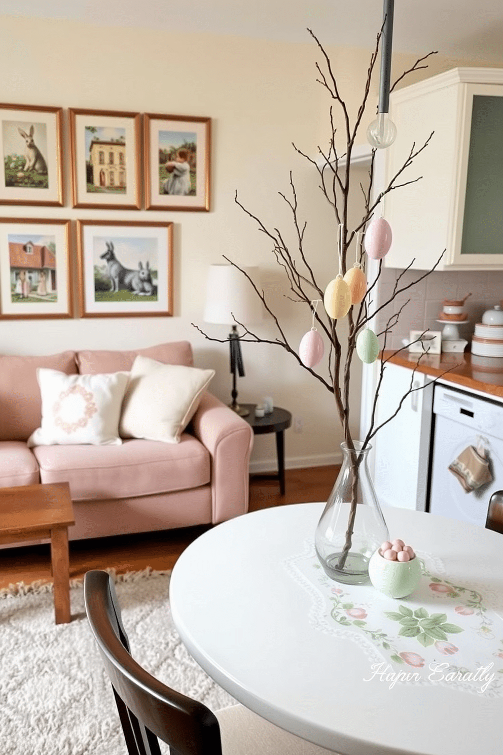 A cozy living room adorned with vintage Easter postcards framed and hung on the wall. The room features a comfortable sofa with pastel-colored cushions, a wooden coffee table, and a soft rug underfoot, creating a warm and inviting atmosphere. A compact kitchen corner beautifully decorated for Easter with small, tasteful touches. There are pastel-colored egg ornaments hanging from a small tree branch in a vase, and a charming Easter-themed table runner on the dining table, adding a festive yet elegant feel to the space.