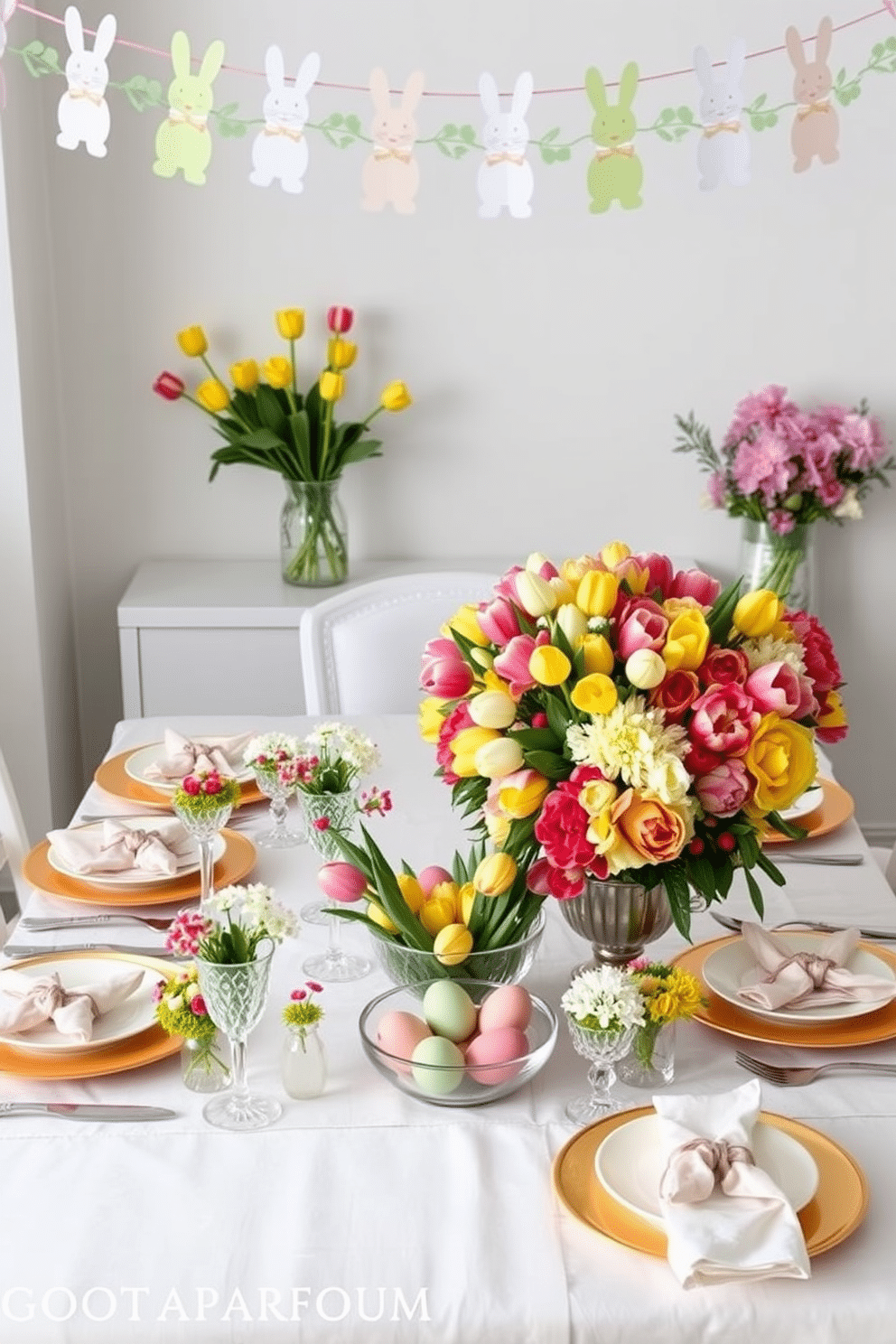 A festive table setting adorned with fresh flowers. The table is covered with a crisp white linen tablecloth, and at its center, a large bouquet of vibrant spring flowers bursts with color. Each place setting features elegant white china with gold trim, complemented by crystal glassware and polished silver cutlery. Small floral arrangements in delicate vases are interspersed along the table, adding a touch of charm and sophistication. Small space Easter decorating ideas that maximize cheer and style. A compact table is set with pastel-colored plates and napkins, accented by a centerpiece of fresh tulips in a clear glass vase. Brightly colored Easter eggs are nestled in a decorative bowl, adding a playful touch. Hanging above, a whimsical garland of paper bunnies and flowers brings festive flair to the cozy space.