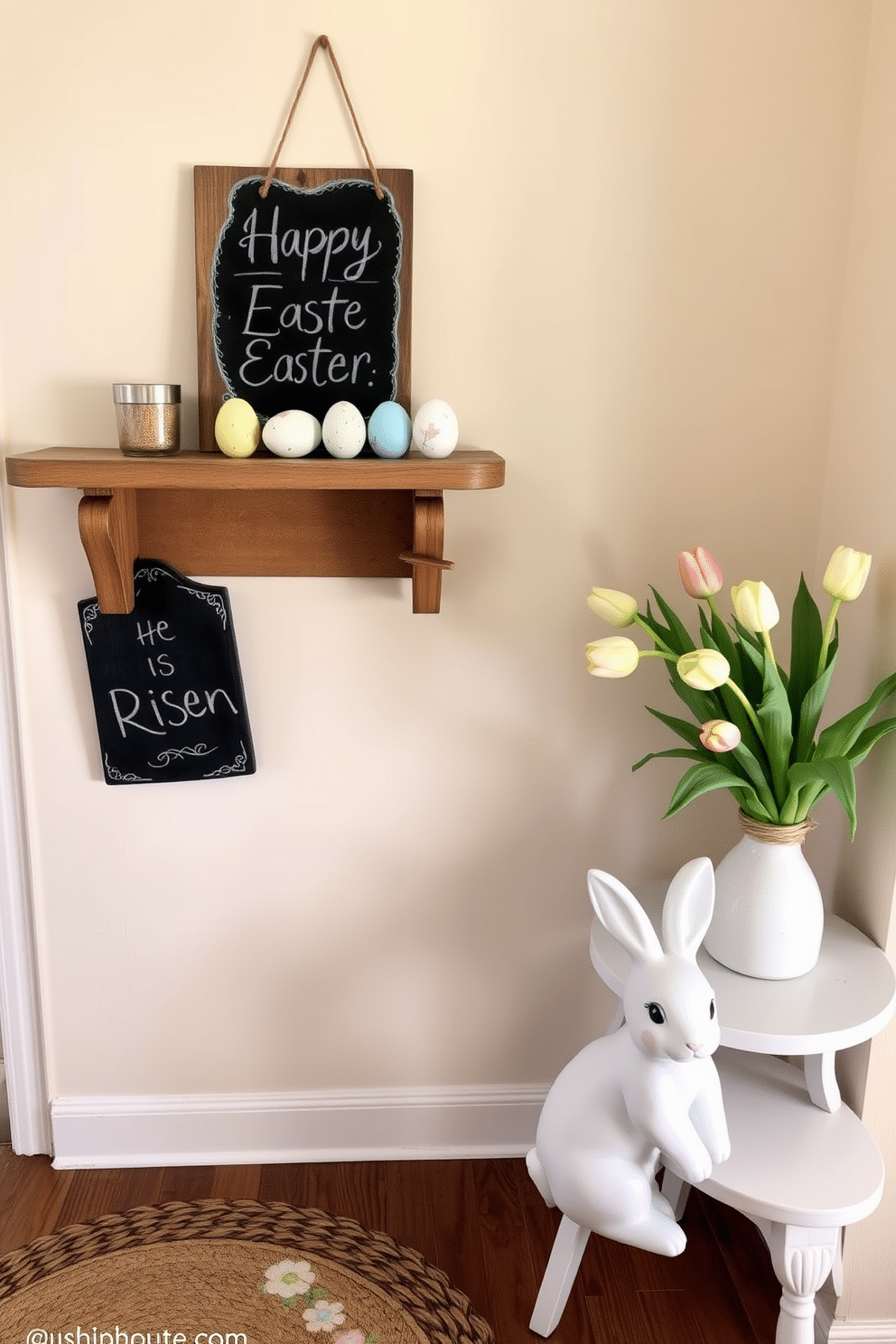 A cozy kitchen setting. There are chalkboard signs with handwritten Easter messages, such as 