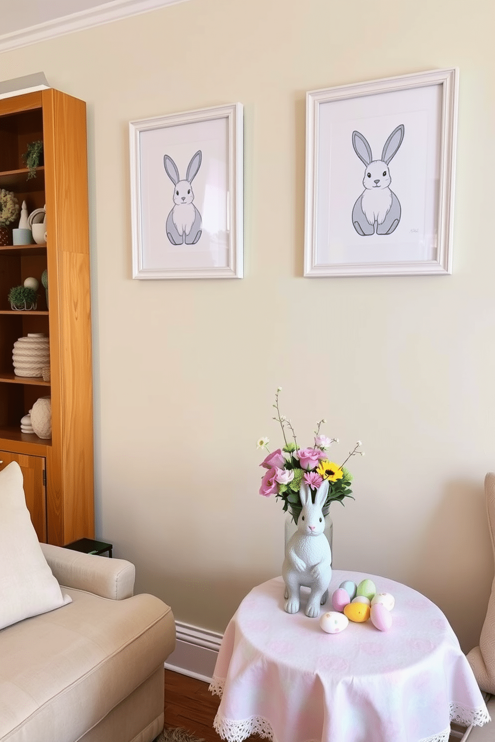 A cozy living room with whimsical bunny prints in frames. The prints are hung on a pastel-colored wall, each framed in a delicate white border, adding a playful yet elegant touch to the room. A small space decorated for Easter with charming accents. The room features a compact table adorned with a pastel tablecloth, decorated with mini Easter eggs, fresh flowers, and a small bunny figurine centerpiece.