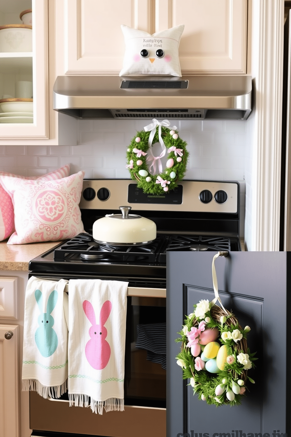 A cozy kitchen adorned with Easter-themed dish towels. The towels feature pastel-colored bunnies and eggs, hanging neatly from the oven handle and adding a festive touch to the space. Creative small space Easter decorating ideas. Incorporate pastel-colored throw pillows, mini Easter egg trees, and a small wreath adorned with spring flowers on the door.