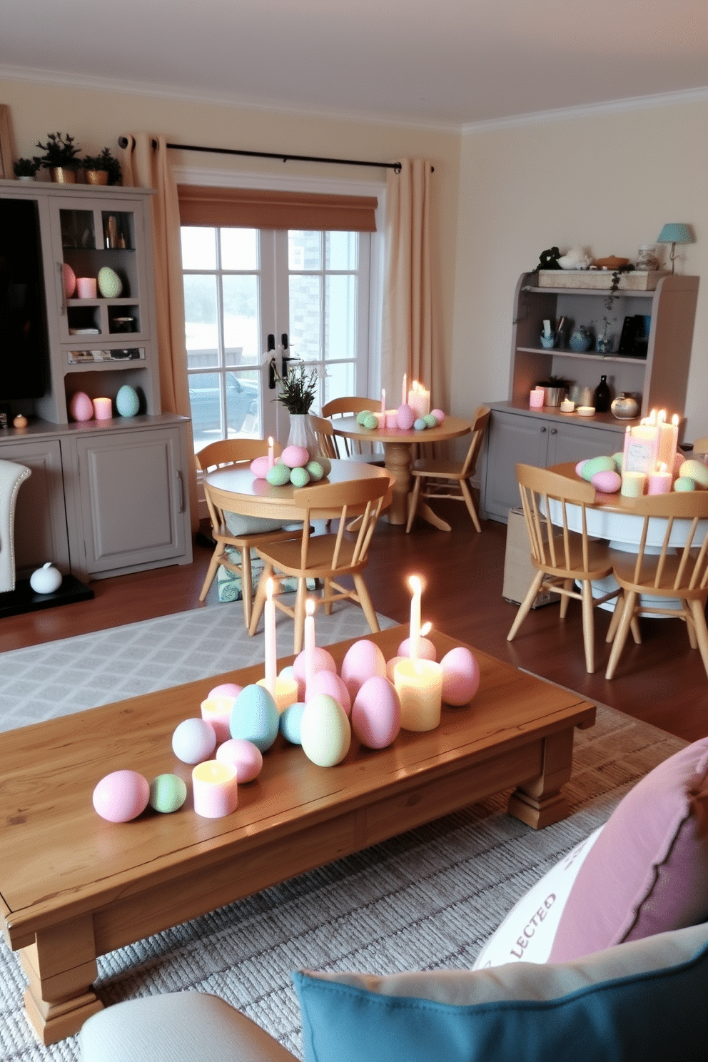 A cozy living room filled with colorful egg-shaped candles. The candles are arranged on a rustic wooden coffee table and an adjacent side table, adding a festive touch to the space. A small dining nook decorated with pastel-colored egg-shaped candles. The candles are placed on a charming round table, surrounded by light wooden chairs, creating a cheerful Easter ambiance.