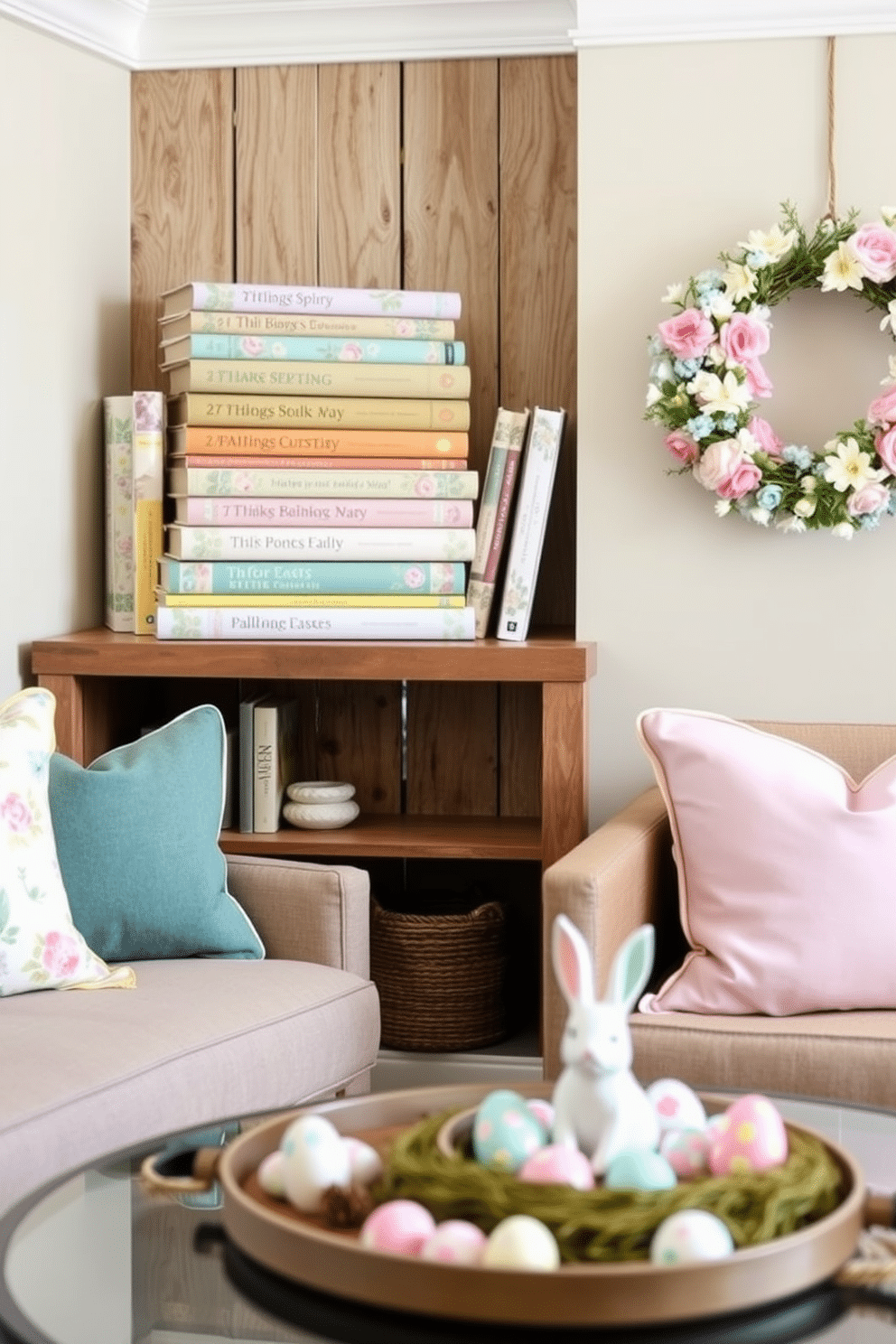 A cozy reading nook adorned with spring-themed books stacked decoratively on a rustic wooden shelf. Each book features vibrant covers with floral patterns, creating a cheerful and inviting atmosphere. A compact living area transformed with small space Easter decorating ideas, featuring pastel-colored cushions and a delicate wreath made of fresh flowers. A charming centerpiece with painted eggs and a small bunny figurine sits on a coffee table, adding a festive touch to the room.