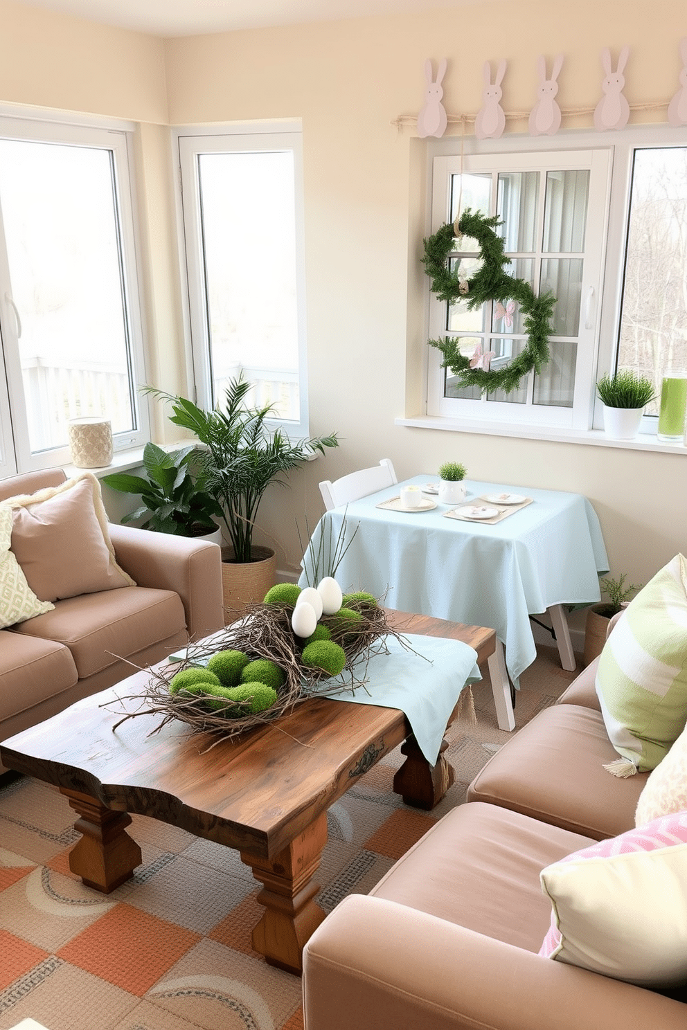 A cozy living room that brings the outdoors inside. A rustic wooden coffee table is adorned with a centerpiece of twigs and moss, surrounded by plush, earth-toned seating. The walls are painted in a soft beige, and large windows allow natural light to flood the space, highlighting the greenery. A charming small space decorated for Easter with pastel colors and delicate touches. A compact dining table is set with a light blue tablecloth, featuring a centerpiece of small potted plants and Easter eggs. Soft, pastel-colored cushions adorn the seats, and a garland of paper bunnies hangs above a nearby window, adding a festive yet subtle touch.