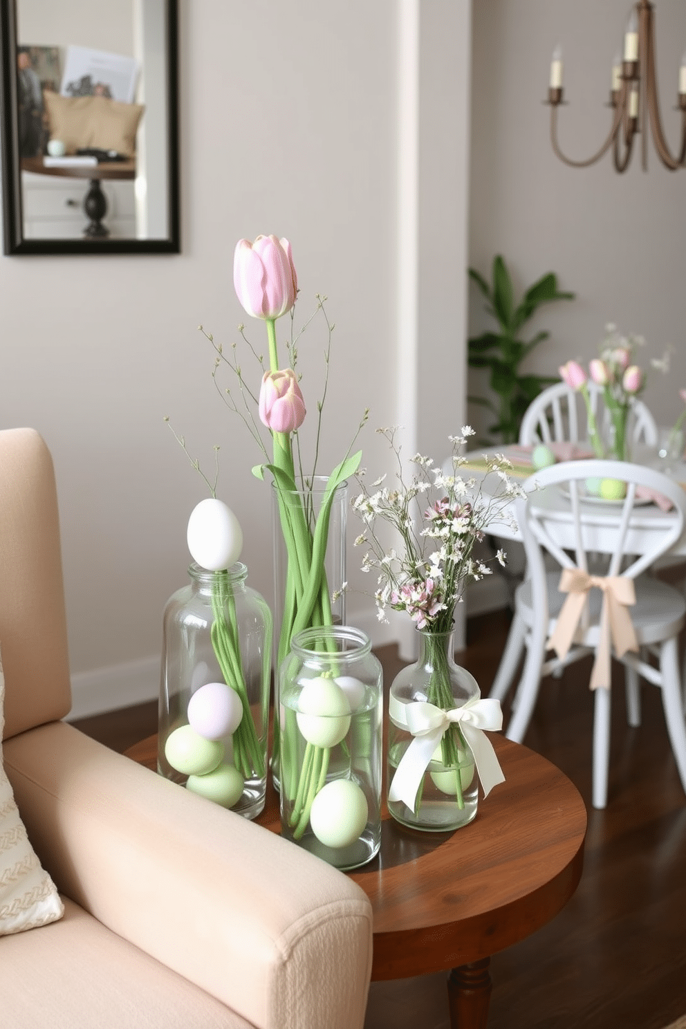 A cozy living room corner decorated for Easter. Clear glass vases of varying sizes are filled with pastel-colored eggs, fresh tulips, and delicate sprigs of greenery, placed on a wooden side table next to a plush armchair. A charming small dining area set for an Easter brunch. Clear glass vases filled with dainty wildflowers and colorful Easter eggs serve as the centerpiece on a round table, surrounded by white chairs adorned with pastel ribbons.