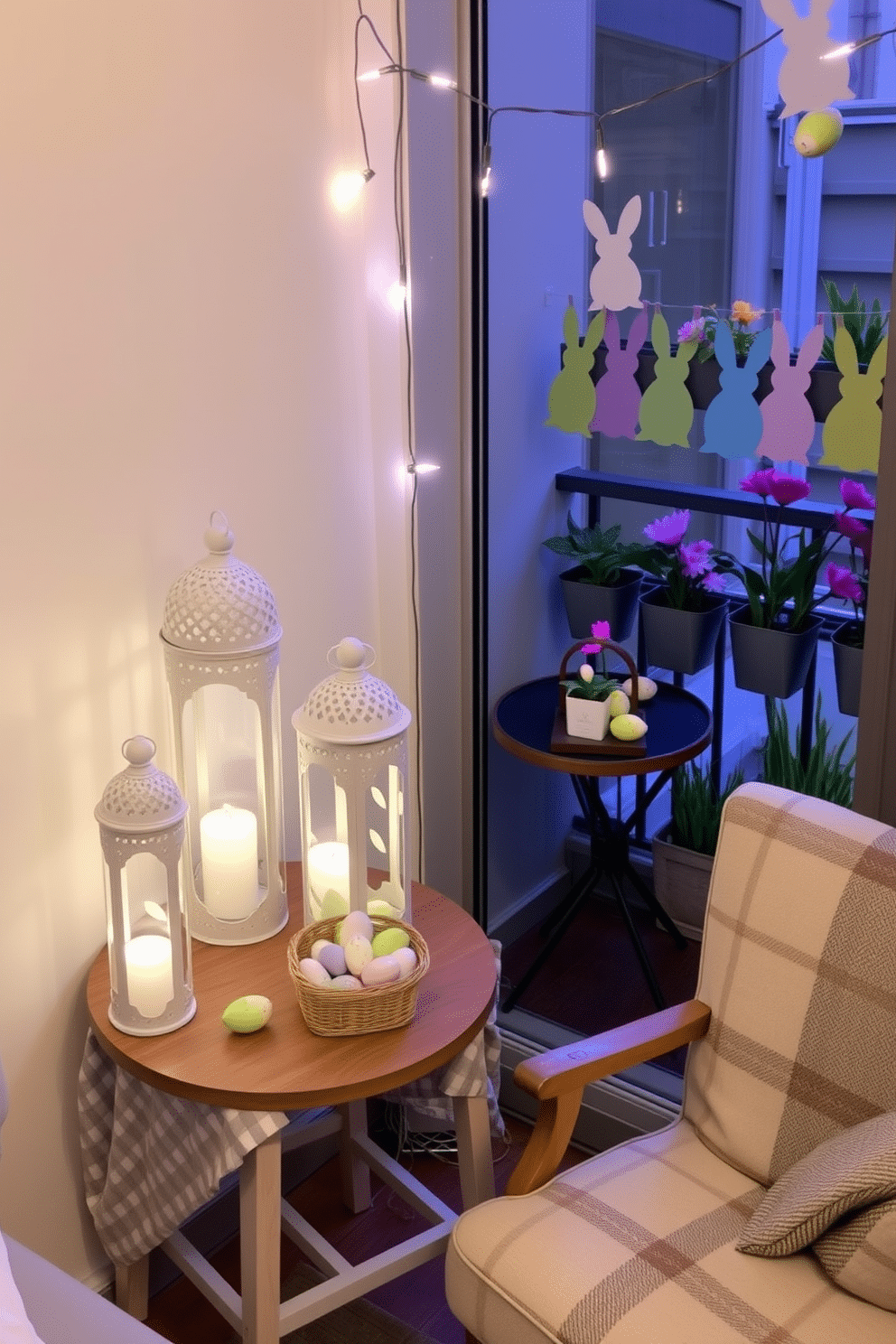 A cozy living room corner. A small wooden table is adorned with decorative lanterns featuring intricate cutouts, inside of which soft candlelight flickers. Each lantern is decorated with pastel-colored Easter eggs and tiny spring flowers. The walls are painted a light cream color, and a comfortable armchair with a plaid throw sits nearby, creating a warm and inviting space. A compact balcony transformed for Easter. A small bistro table is set with a pastel tablecloth and a centerpiece of colorful Easter eggs in a wicker basket. String lights hang above, interspersed with paper bunny decorations. Potted plants in vibrant hues line the railing, adding a touch of springtime cheer to the limited space.