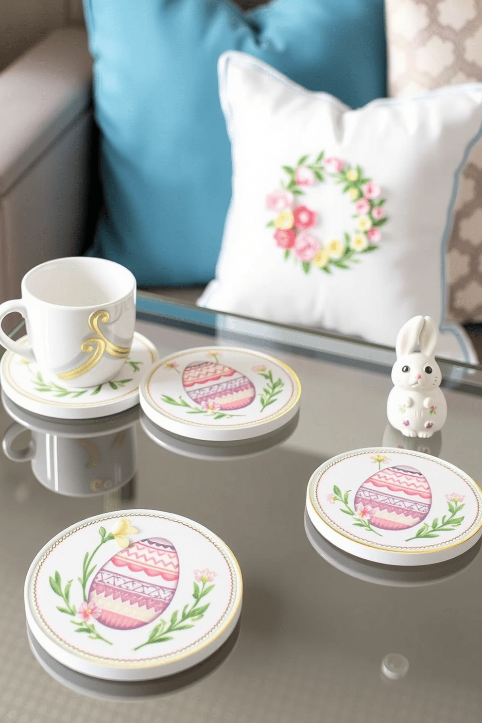 Easter-themed coasters for coffee tables. Each coaster features a pastel-colored background with intricate, hand-painted Easter egg patterns and delicate spring flowers. The edges of the coasters are trimmed with a subtle gold line, adding a touch of elegance. The set includes four coasters, each with a unique design, perfect for adding a festive touch to your coffee table during the Easter season. Small Space Easter Decorating Ideas. Transform your small living space into an Easter haven with compact, multi-functional decorations. Use pastel-colored throw pillows and a small, decorative Easter wreath on the door to create a festive atmosphere without overwhelming the space. Add a few potted spring flowers, such as tulips or daffodils, to bring in a touch of nature. Incorporate Easter-themed table runners and small, decorative bunny figurines on shelves or side tables for a subtle yet charming holiday look.