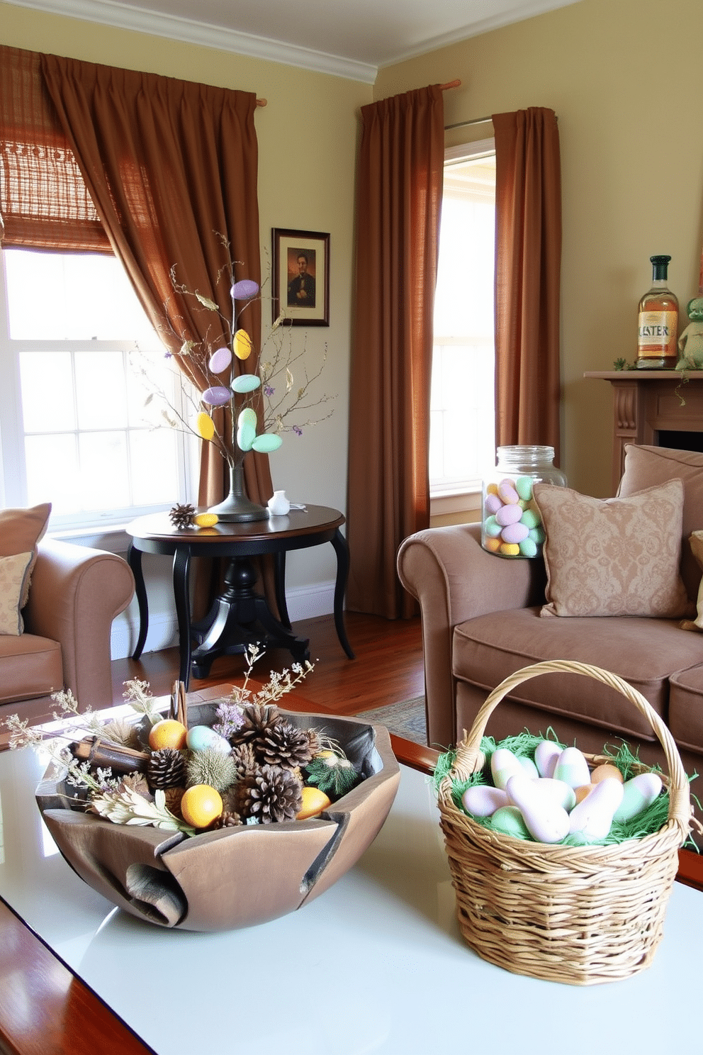 A cozy living room adorned with seasonal scents and potpourri displays. A rustic wooden bowl filled with dried flowers, pinecones, and cinnamon sticks sits on the coffee table, while a decorative glass jar of lavender and citrus potpourri graces the mantel, filling the room with a warm, inviting fragrance. A compact apartment's living area transformed for Easter with charming decorations. A small table by the window showcases a pastel-colored Easter egg tree, while a basket filled with artificial grass and chocolate bunnies sits on the sofa, bringing festive cheer to the limited space.