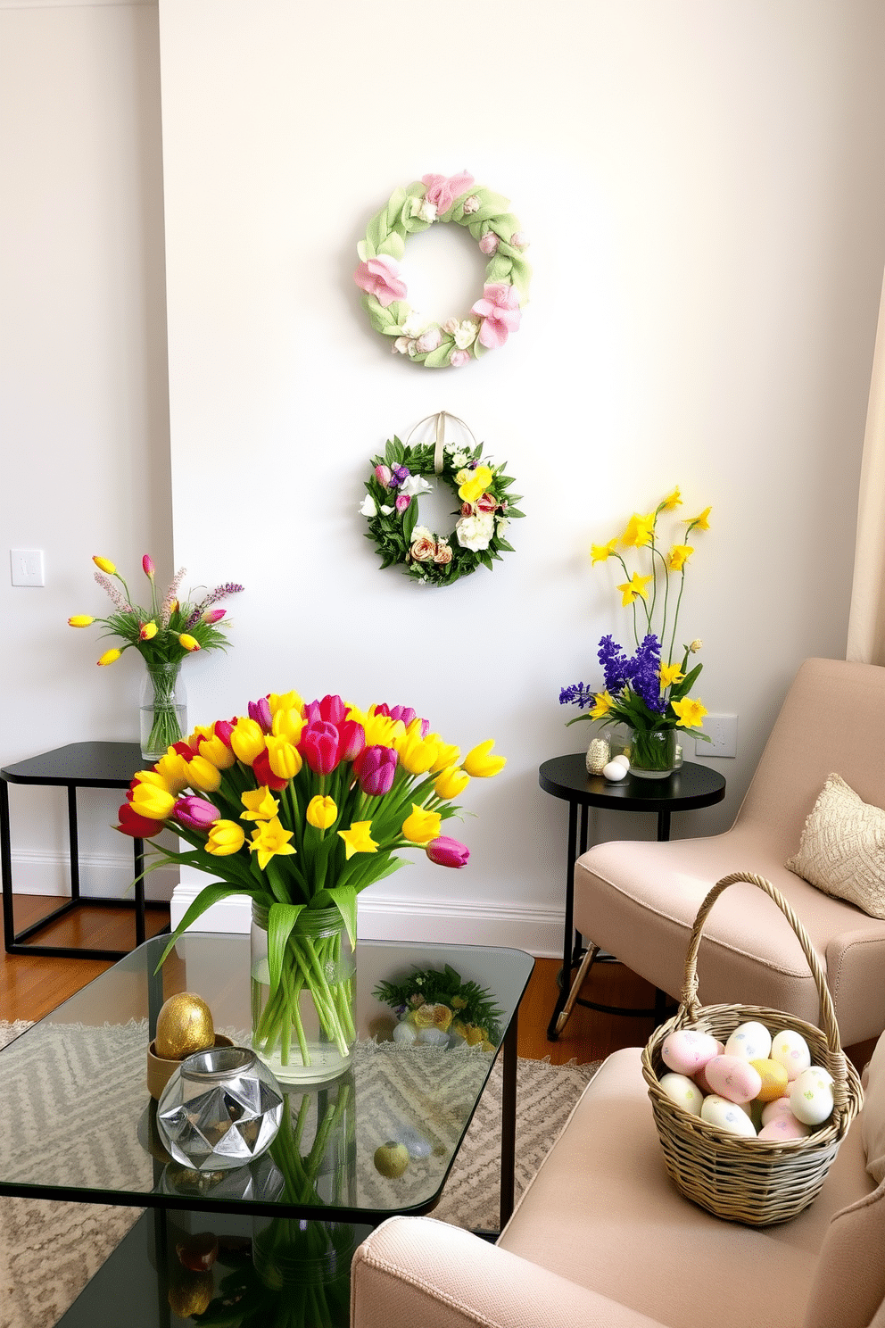 A vibrant living room adorned with colorful spring floral arrangements. A large vase of tulips sits on the coffee table, while smaller bouquets of daffodils and hyacinths are placed on side tables, adding a burst of color to the neutral-toned room. A cozy corner in a small apartment decorated for Easter. A pastel-colored wreath hangs on the wall, and a basket filled with painted eggs sits on a small table next to a plush armchair, creating a festive yet space-saving display.