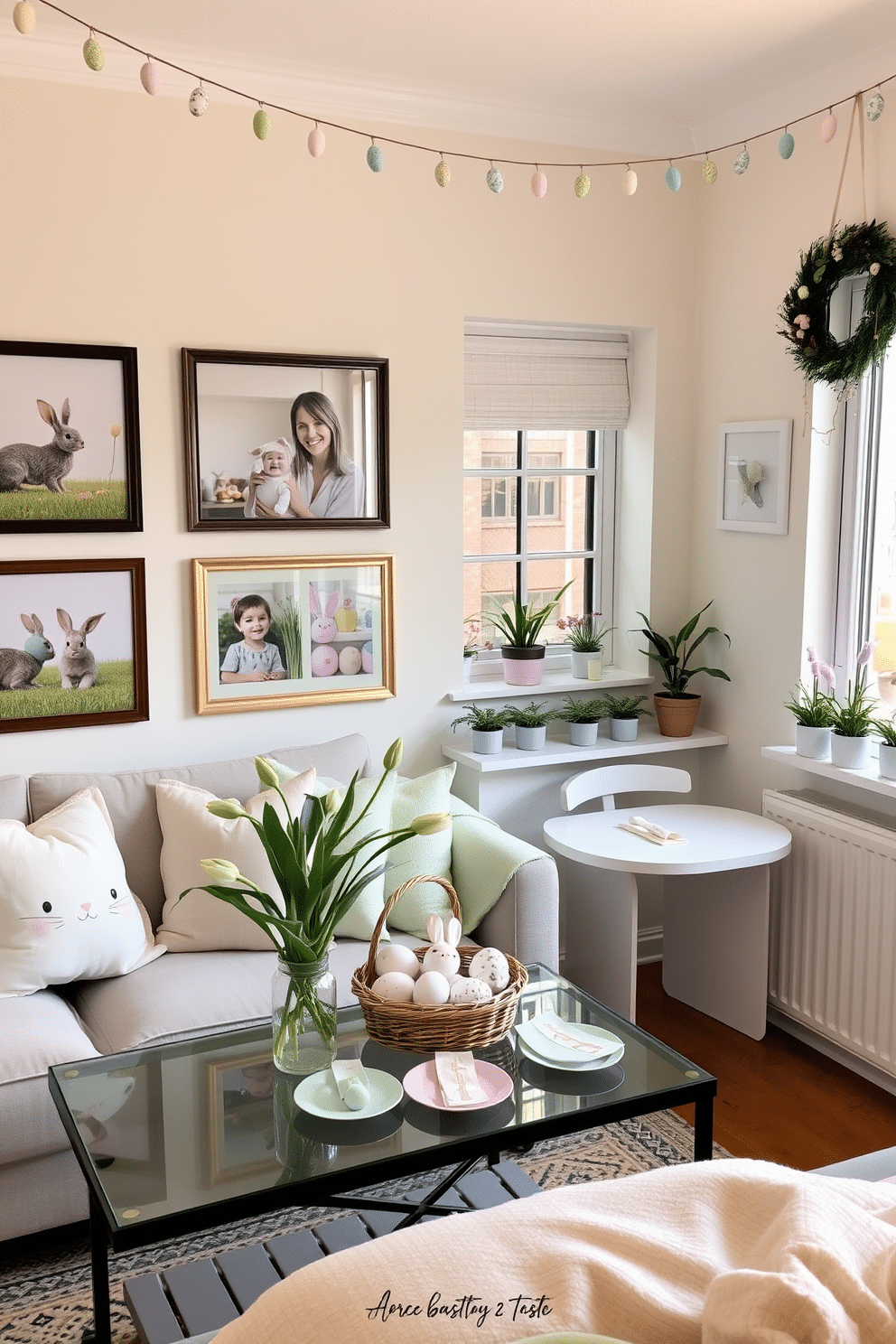 A cozy living room decorated for Easter. The walls are adorned with framed family photos featuring pastel-colored Easter eggs, bunnies, and springtime flowers. On the coffee table, a small basket filled with decorated eggs sits next to a vase of fresh tulips. The sofa has pastel-colored throw pillows with Easter motifs, and a soft, light green throw blanket is draped over the backrest. A compact kitchen nook creatively decorated for Easter. The small dining table is set with pastel-colored plates and bunny-shaped napkin rings. Above the table, a string of Easter-themed bunting hangs from the ceiling, adding a festive touch. The windowsill features a few potted plants with Easter egg picks, and a small, decorative Easter wreath adorns the wall.