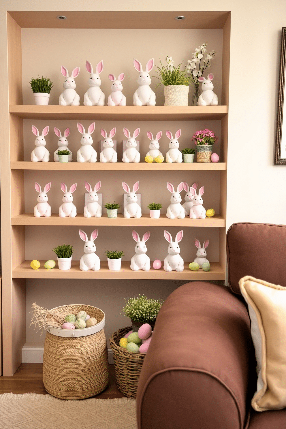 A cozy living room corner adorned with Easter bunny figurines. Shelves are filled with pastel-colored bunnies, each uniquely crafted with delicate details, placed beside small potted plants and colorful Easter eggs. Transform a small space into an Easter wonderland. Utilize shelves to display charming bunny figurines, interspersed with soft, spring-themed decorations, creating a festive and inviting atmosphere.