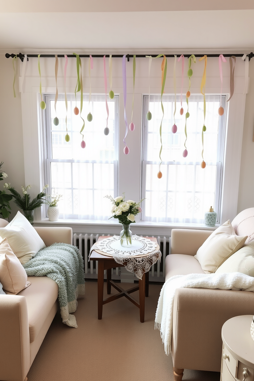 A cozy living room decorated for Easter. Hanging egg garlands adorn the windows, with pastel-colored eggs and delicate ribbons creating a whimsical and festive atmosphere. In the center of the room, a small wooden table is set with a white lace tablecloth and a vase of fresh spring flowers. Soft cushions and throws in pastel shades are scattered on the sofa and armchairs, adding to the cheerful and inviting ambiance.