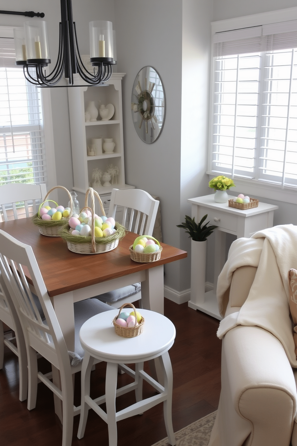 A cozy dining nook adorned with decorative baskets filled with pastel-colored eggs. The baskets are placed on a rustic wooden table, surrounded by white chairs with soft, floral-patterned cushions. A compact living room corner transformed for Easter with small, colorful baskets filled with eggs. The baskets sit atop a white side table, next to a plush armchair draped with a light, pastel throw blanket.