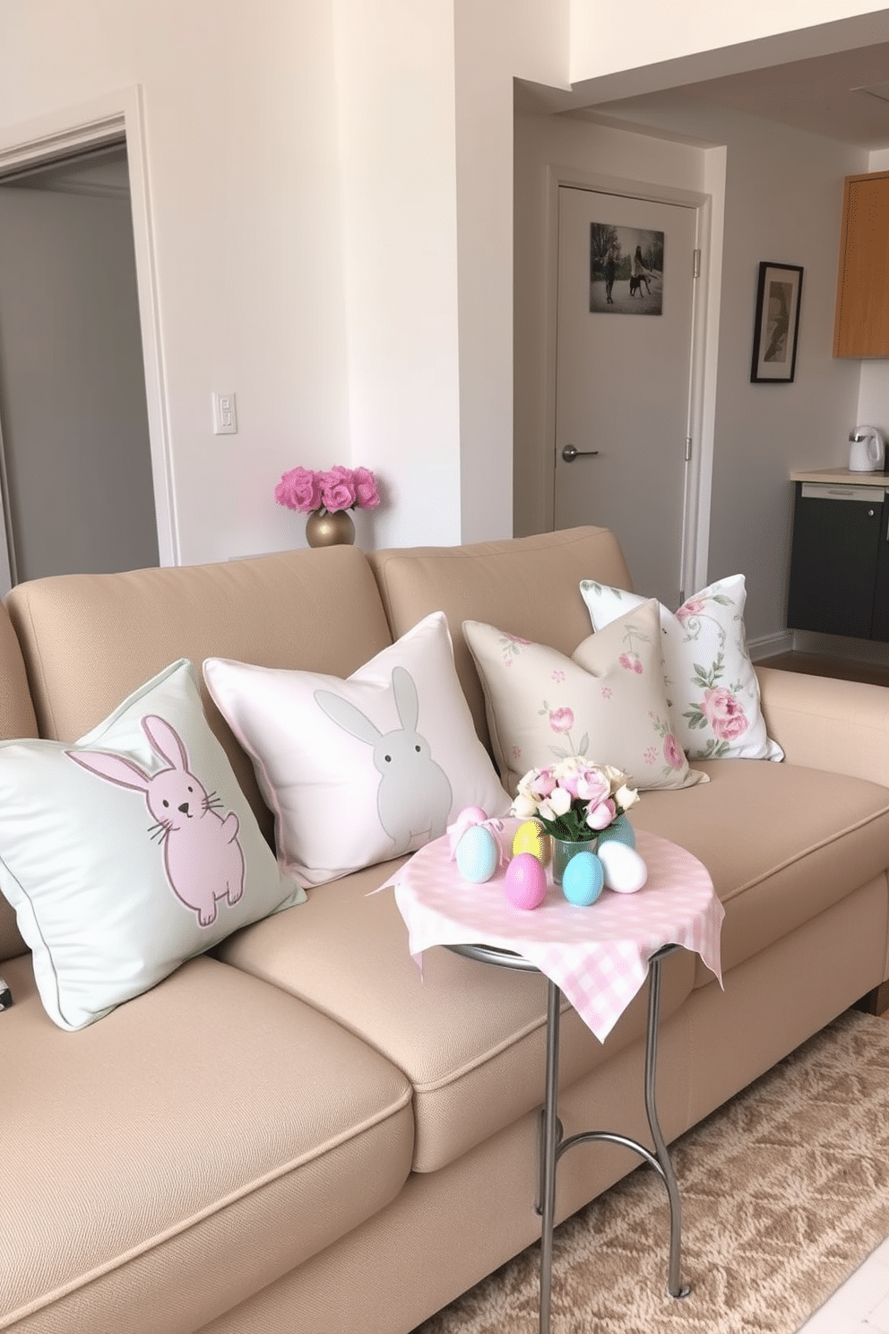 A cozy living room with a neutral-toned sofa adorned with Easter-themed throw pillows. The pillows feature pastel colors, bunny patterns, and floral designs, bringing a festive and cheerful vibe to the space. A compact apartment with creative Easter decorating ideas for small spaces. The room features a tiny table set with a pastel tablecloth, miniature Easter egg decorations, and a small vase with spring flowers, maximizing festivity without overwhelming the space.