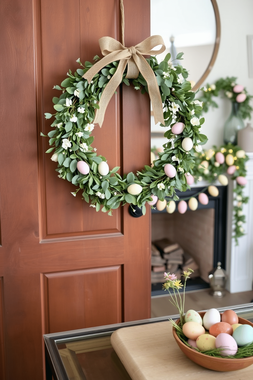 Charming wreaths for front doors. A lush, circular wreath made of fresh eucalyptus leaves and accented with delicate white flowers hangs on a rustic wooden door. The wreath is adorned with a burlap ribbon bow at the top, and small fairy lights are woven throughout, creating a warm and inviting glow. Small Space Easter Decorating Ideas. A cozy apartment living room features a pastel-colored Easter garland draped across the fireplace mantle, with small, hand-painted Easter eggs hanging from it. On a nearby coffee table, a decorative bowl filled with vibrant, dyed Easter eggs and a few sprigs of fresh spring flowers adds a festive touch without overwhelming the space.