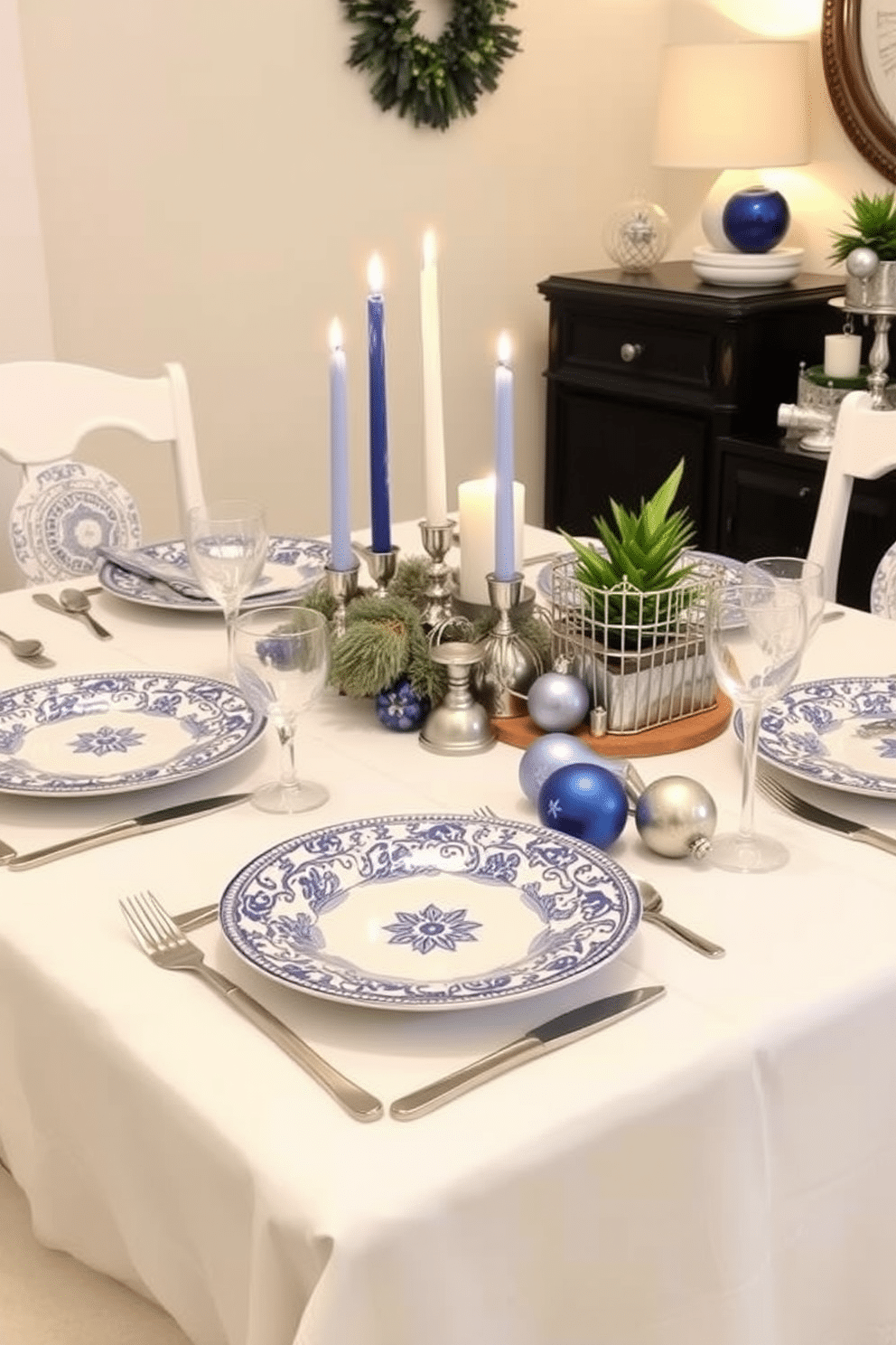 A festive blue and white table setting adorned with elegant dinnerware featuring intricate patterns. The table is draped with a crisp white tablecloth, and a centerpiece of blue and silver candles adds a warm glow. For small space Hanukkah decorating ideas, consider using a compact menorah placed on a stylish tray. Add decorative elements like blue and silver ornaments and a small potted plant to create a cozy, festive atmosphere.