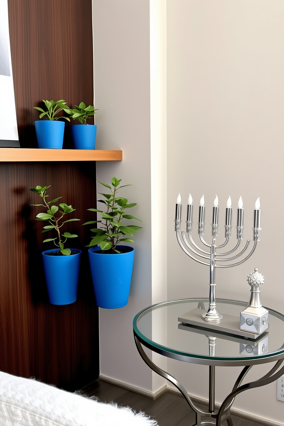 A cozy corner featuring small potted plants in vibrant blue pots, arranged on a sleek wooden shelf. The plants add a refreshing touch of greenery, creating a serene atmosphere in the space. For Hanukkah, the small space is adorned with elegant decorations, including a menorah placed on a stylish table. Soft blue and silver accents complement the festive theme, enhancing the warmth and joy of the celebration.