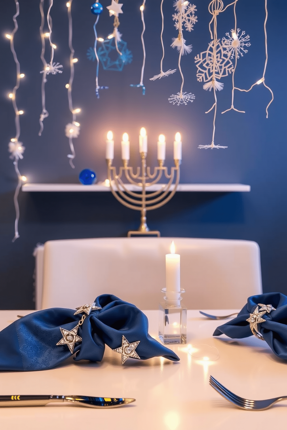 Festive napkin rings adorned with shimmering stars are elegantly placed on a beautifully set dining table. The rich blue and silver color palette enhances the holiday spirit, while each napkin ring adds a touch of sparkle to the festive atmosphere. For small space Hanukkah decorating ideas, a compact menorah is positioned on a minimalist shelf, surrounded by twinkling fairy lights. Delicate blue and white decorations hang from the ceiling, creating a warm and inviting ambiance without overwhelming the limited space.