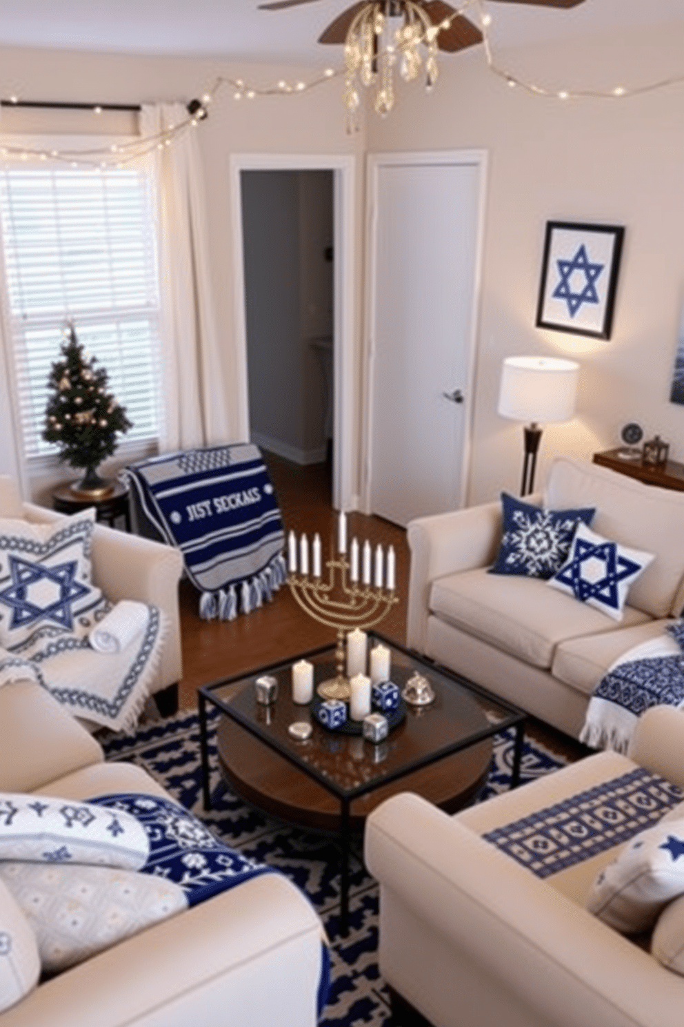 A cozy living room adorned with Hanukkah-themed throw blankets draped over plush sofas. The blankets feature traditional blue and white patterns, creating a festive atmosphere that invites warmth and celebration. In a compact apartment, creative Hanukkah decorating ideas transform the small space into a welcoming holiday retreat. Twinkling string lights hang above, and a small menorah sits on a stylish coffee table, surrounded by decorative dreidels and candles.