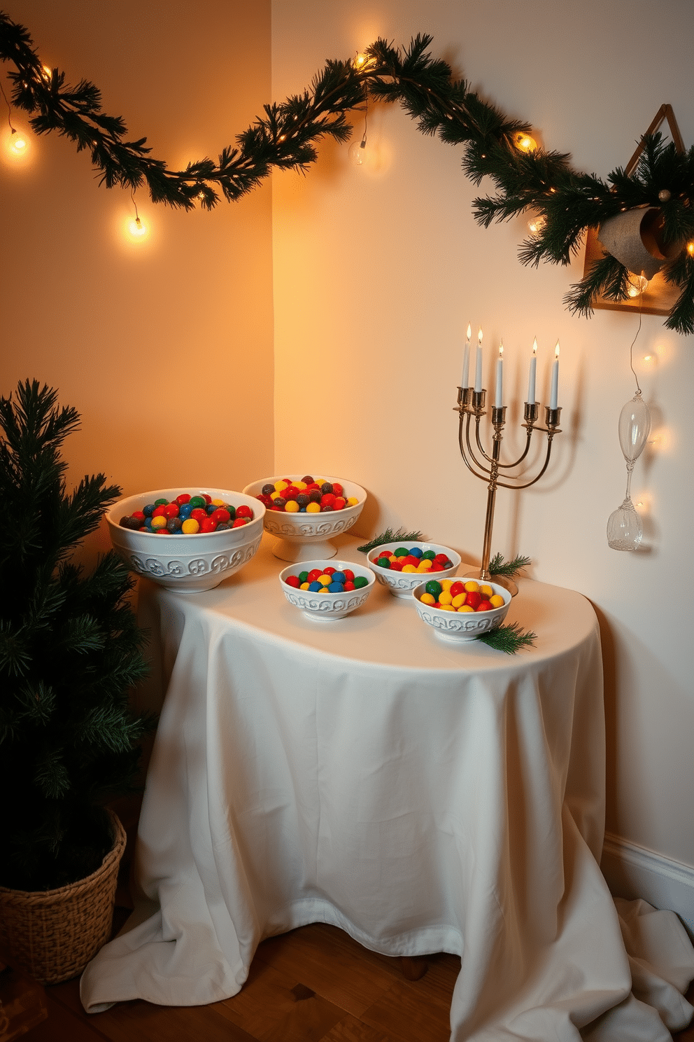 A cozy corner adorned with decorative bowls filled with colorful gelt, creating a festive atmosphere. Soft, ambient lighting highlights the bowls, enhancing the warmth of the space while a small menorah sits nearby, adding a touch of tradition. In this small space, a minimalist approach is taken with a stylish table draped in a light fabric, complementing the gelt-filled bowls. Subtle accents like sprigs of evergreen and twinkling fairy lights bring a cheerful and inviting feel to the Hanukkah celebration.