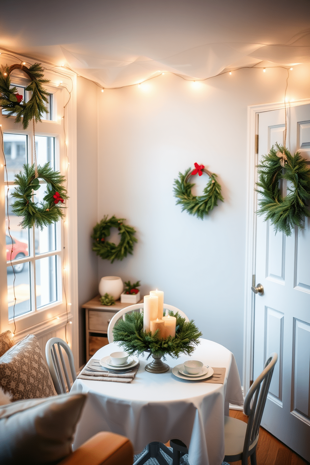 A cozy living room adorned with simple wreaths made from evergreen branches, each one delicately hung on the windows and doorways. The warm glow of string lights complements the festive atmosphere, creating an inviting space for family gatherings. In a compact dining area, a small table is set with elegant tableware, featuring a centerpiece of evergreen wreaths interspersed with candles. The walls are painted a soft blue, enhancing the cheerful ambiance while maximizing the use of space for holiday celebrations.