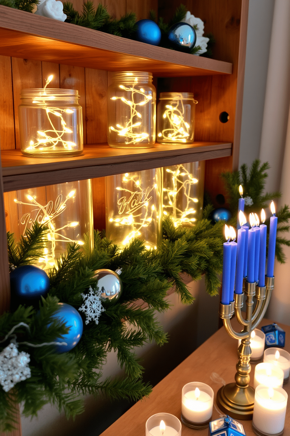 Charming glass jars filled with warm, glowing fairy lights create a whimsical atmosphere. These jars are arranged on a rustic wooden shelf, surrounded by festive greenery and delicate ornaments. For small space Hanukkah decorating ideas, consider using a compact menorah placed on a stylish table. Adorn the table with blue and silver accents, including candles and decorative dreidels, to enhance the holiday spirit.