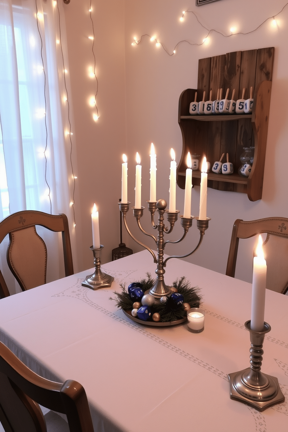 A vintage menorah serves as the centerpiece of a cozy dining table, surrounded by soft, flickering candlelight that creates a warm ambiance. The table is adorned with a delicate lace tablecloth, and festive decorations in shades of blue and silver accentuate the Hanukkah theme. In a small living area, a charming display of dreidels and gelt is arranged on a rustic wooden shelf, adding a playful touch to the decor. Subtle string lights drape across the walls, enhancing the festive atmosphere while maintaining an inviting and uncluttered feel.