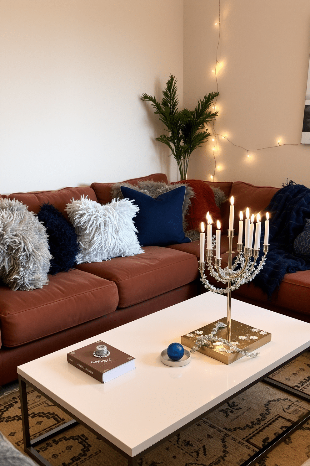 A cozy living area featuring layered textures, with an assortment of plush pillows and soft throws artfully arranged on a deep-set sofa. The color palette consists of warm neutrals and rich jewel tones, creating an inviting atmosphere perfect for relaxation. A festive small space adorned for Hanukkah, showcasing a beautifully decorated menorah on a sleek coffee table. Delicate string lights and blue and silver accents enhance the charm of the compact area, making it feel both celebratory and intimate.