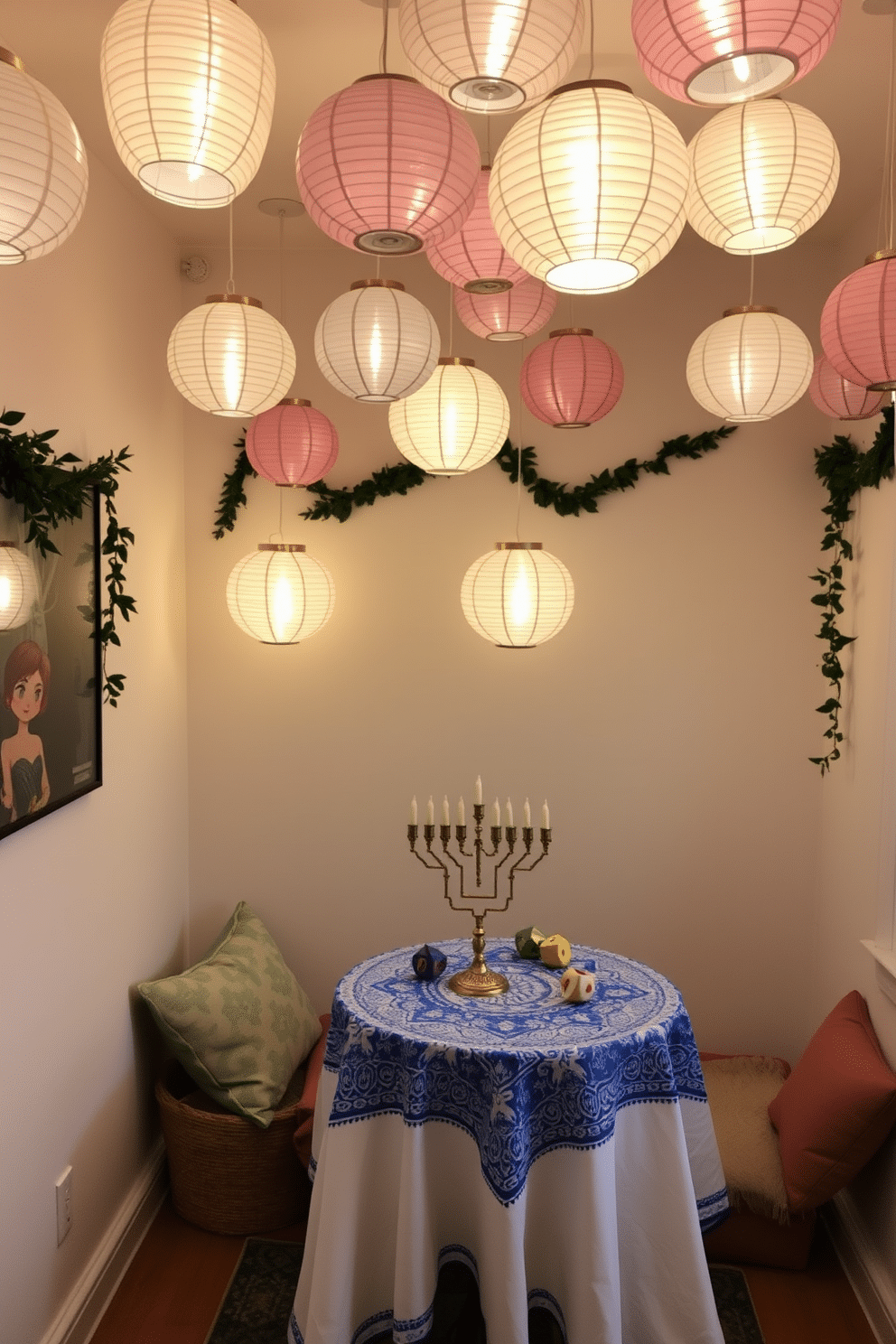 A cozy living area adorned with hanging paper lanterns that provide a warm, inviting ambiance. The lanterns are in various sizes and colors, casting a gentle glow over a small, festive table set for Hanukkah. The table features a beautiful blue and white tablecloth, with a menorah at the center surrounded by decorative dreidels. On the walls, subtle garlands of greenery add a touch of nature, complementing the overall festive decor in this charming small space.