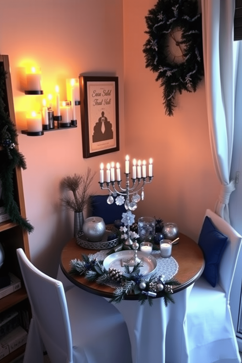 A cozy corner adorned with an array of scented candles, each exuding seasonal fragrances like cinnamon, pine, and vanilla. Soft, ambient lighting creates a warm glow, enhancing the inviting atmosphere of the space. A charming small space transformed for Hanukkah, featuring a beautifully decorated menorah as the focal point on a compact dining table. Surrounding the table are blue and silver accents, with festive garlands and small decorative elements that celebrate the holiday spirit.