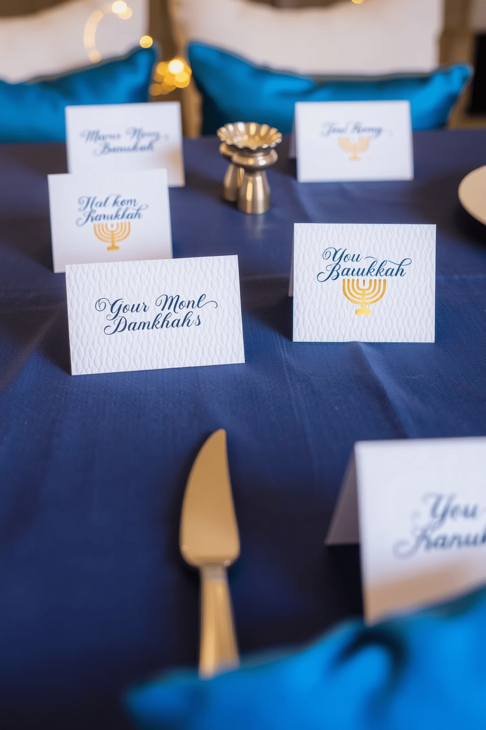 Creative place cards for dinner guests. Each card features a unique design that reflects the theme of the dinner, such as elegant calligraphy on textured cardstock with a subtle gold foil accent. Small Space Hanukkah Decorating Ideas. Utilize a mix of string lights and small decorative menorahs to create a warm and inviting atmosphere, while incorporating festive colors like blue and silver through cushions and table settings.