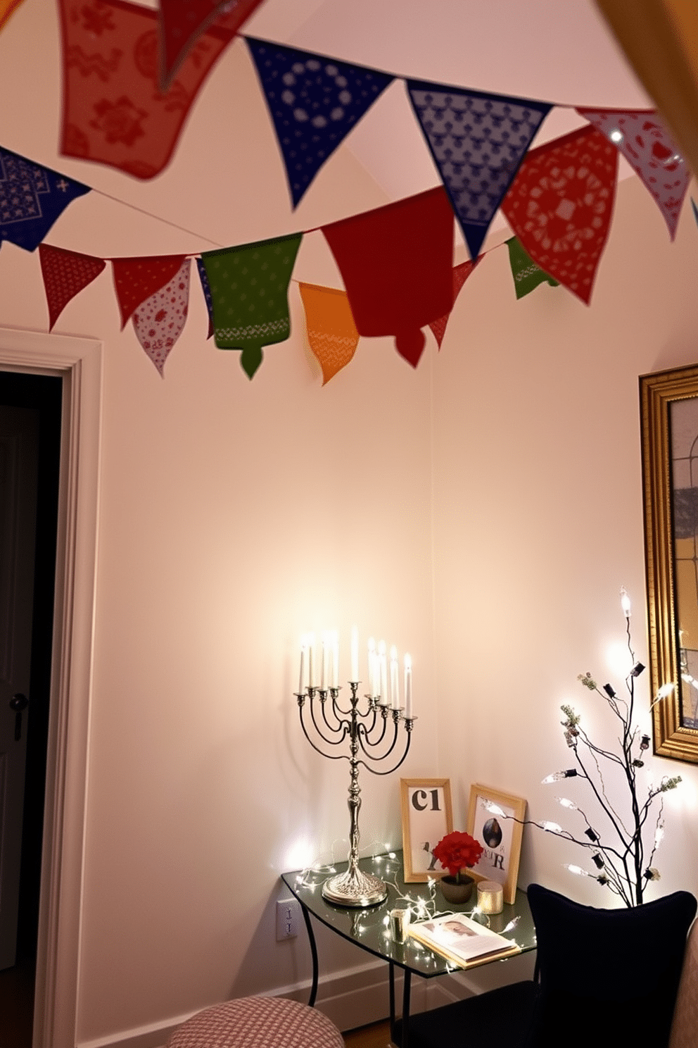 A vibrant celebration atmosphere fills the room with colorful banners hanging across the ceiling, fluttering gently with the slightest breeze. The banners feature a mix of festive patterns and colors, creating a joyful and inviting space for family gatherings. In a cozy apartment, small space Hanukkah decorating ideas come to life with clever use of vertical space and multi-functional decor. A beautifully adorned menorah sits on a compact table, surrounded by twinkling fairy lights and elegant, space-saving decorations that enhance the festive spirit without overwhelming the area.