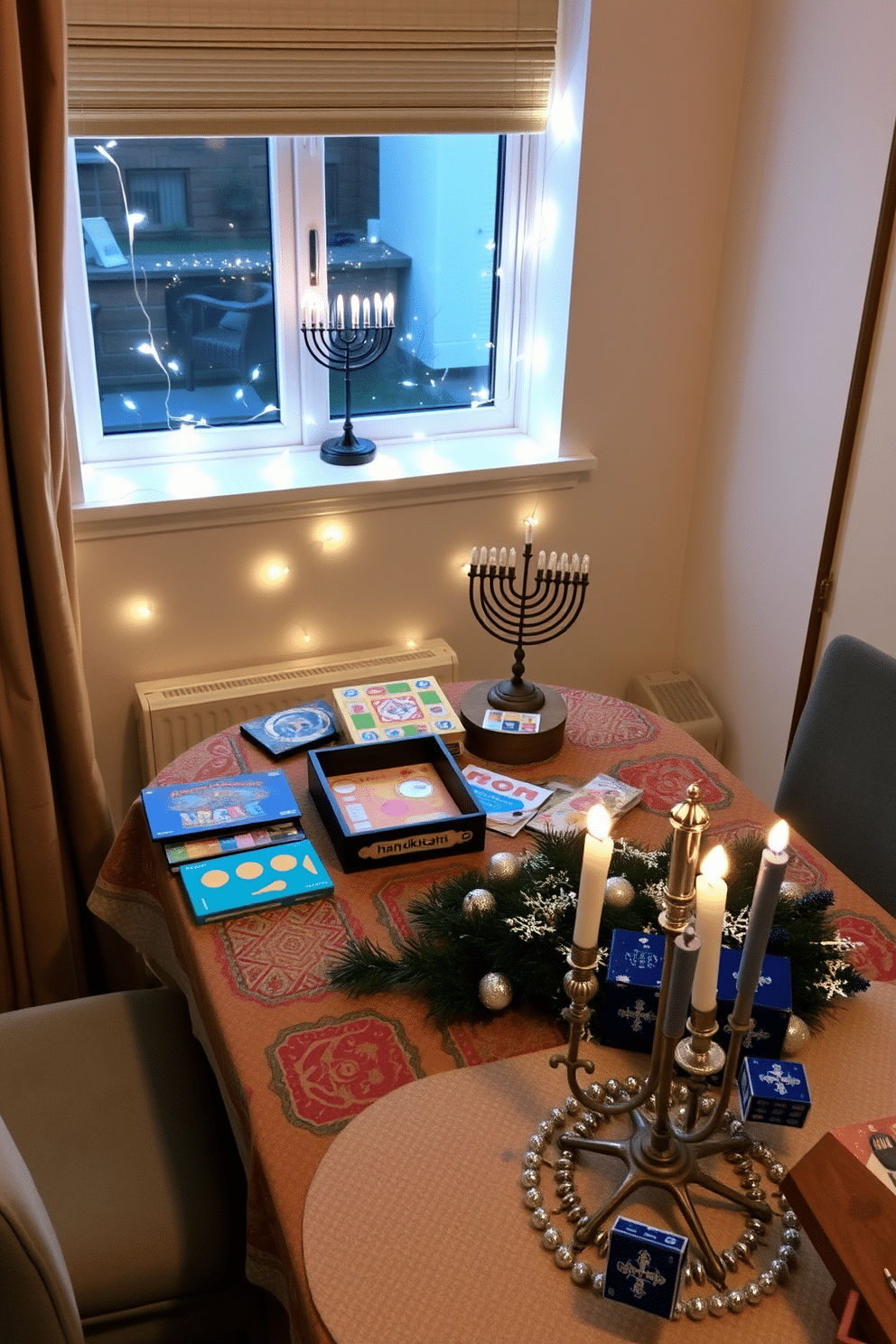 A cozy tabletop game setup for holiday fun. The table is adorned with a festive tablecloth, surrounded by comfortable chairs, and features a selection of colorful board games and card games ready for play. Charming small space Hanukkah decorations create a warm atmosphere. A small menorah sits on a windowsill, surrounded by twinkling fairy lights, while a festive table centerpiece includes blue and silver accents, enhancing the holiday spirit.