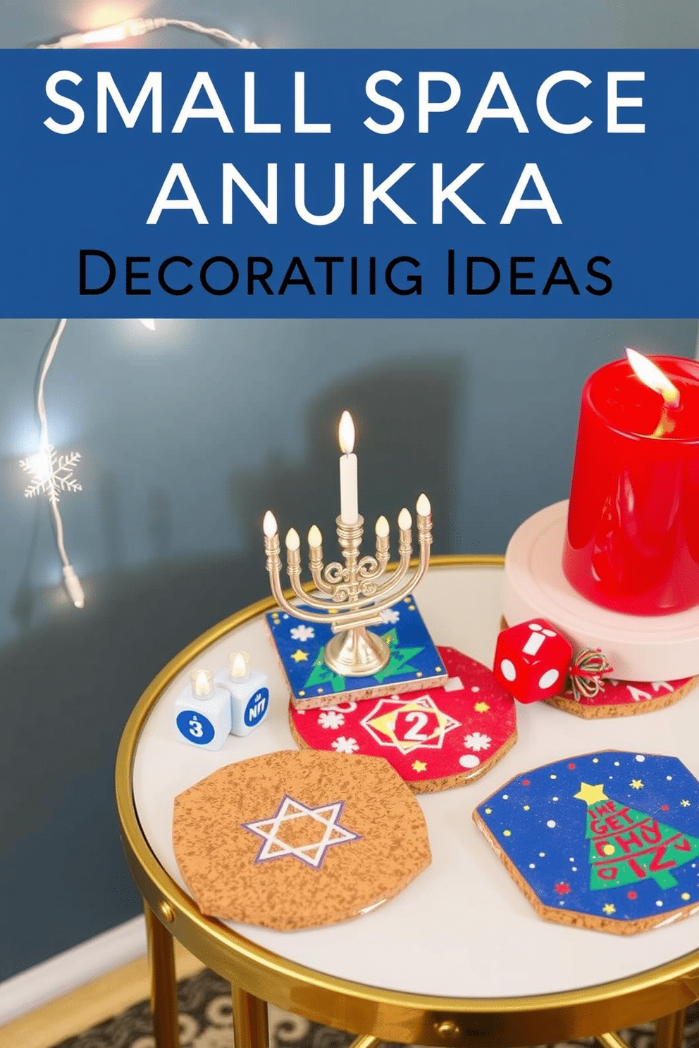 Festive coasters in holiday designs. The coasters feature vibrant patterns, including snowflakes, menorahs, and Christmas trees, crafted from cork and adorned with colorful prints. Small Space Hanukkah Decorating Ideas. Create a cozy atmosphere with string lights and a small, elegant menorah placed on a compact table, surrounded by decorative dreidels and festive candles.