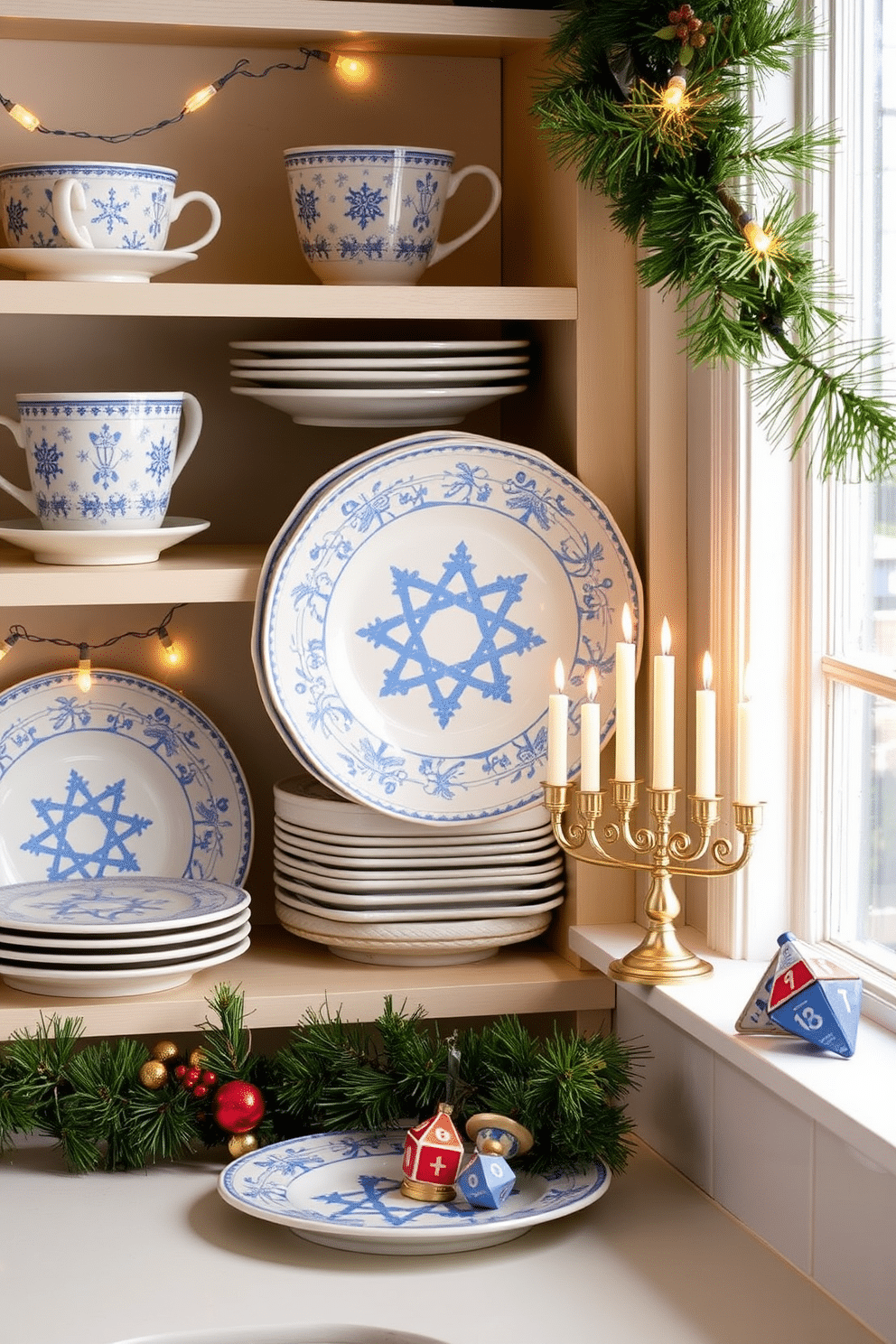 Charming holiday-themed dishware sets feature intricately designed plates adorned with festive motifs such as snowflakes and reindeer. Each set includes coordinating cups and serving platters, crafted from fine porcelain with a glossy finish that adds elegance to any holiday table. Small Space Hanukkah decorating ideas incorporate creative use of vertical space and multipurpose decor items. String lights in blue and white can be draped along shelves, while a compact menorah can be placed on a windowsill, surrounded by decorative dreidels and candles for a festive touch.