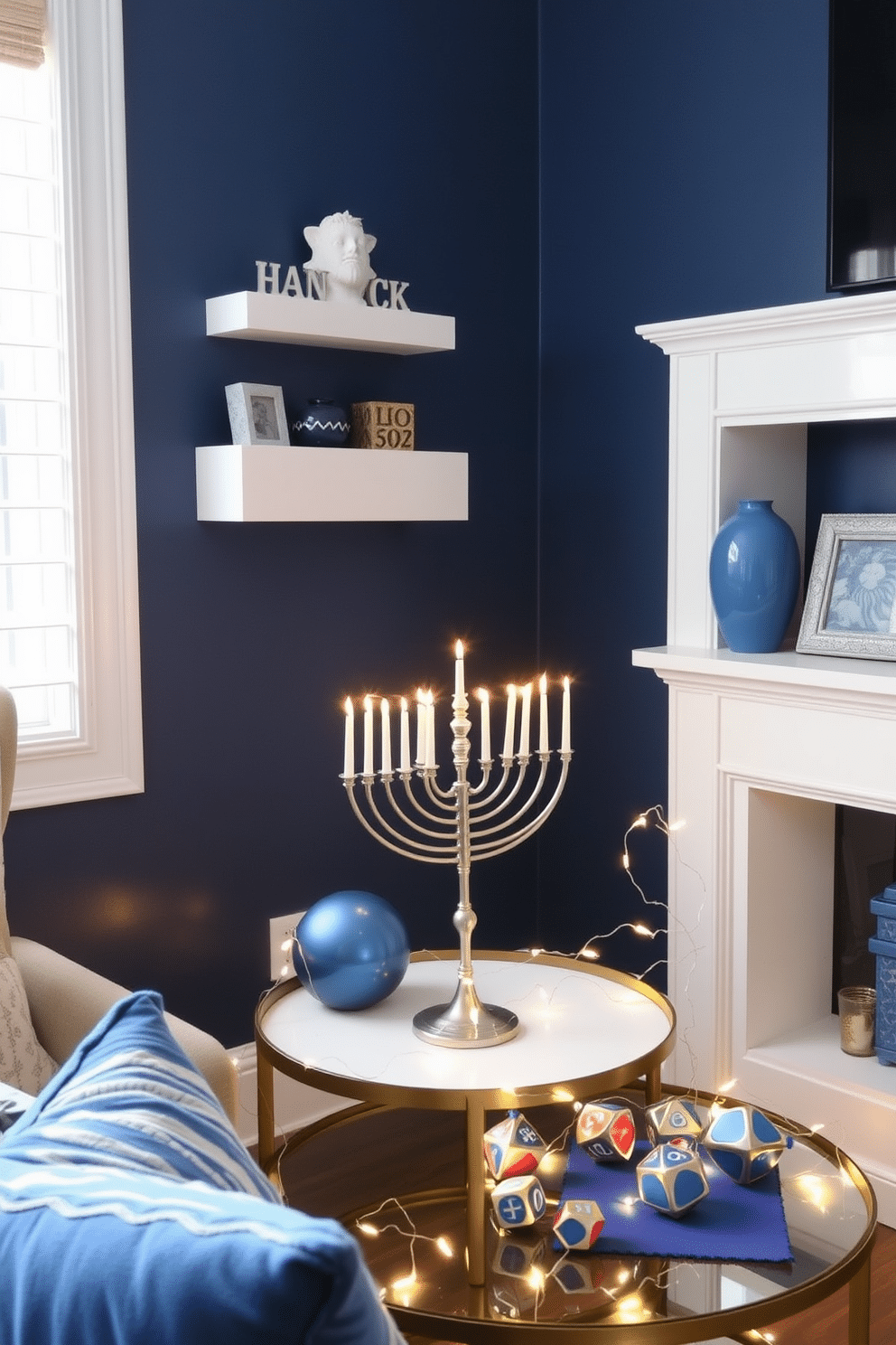 A cozy living room corner featuring small wall-mounted shelves adorned with various decorative items. The shelves are painted in a soft white, contrasting beautifully with the deep blue wall behind them. A festive arrangement for Hanukkah, showcasing a small space decorated with elegant blue and silver accents. The menorah is placed on a stylish table, surrounded by twinkling fairy lights and traditional dreidels, creating a warm and inviting atmosphere.