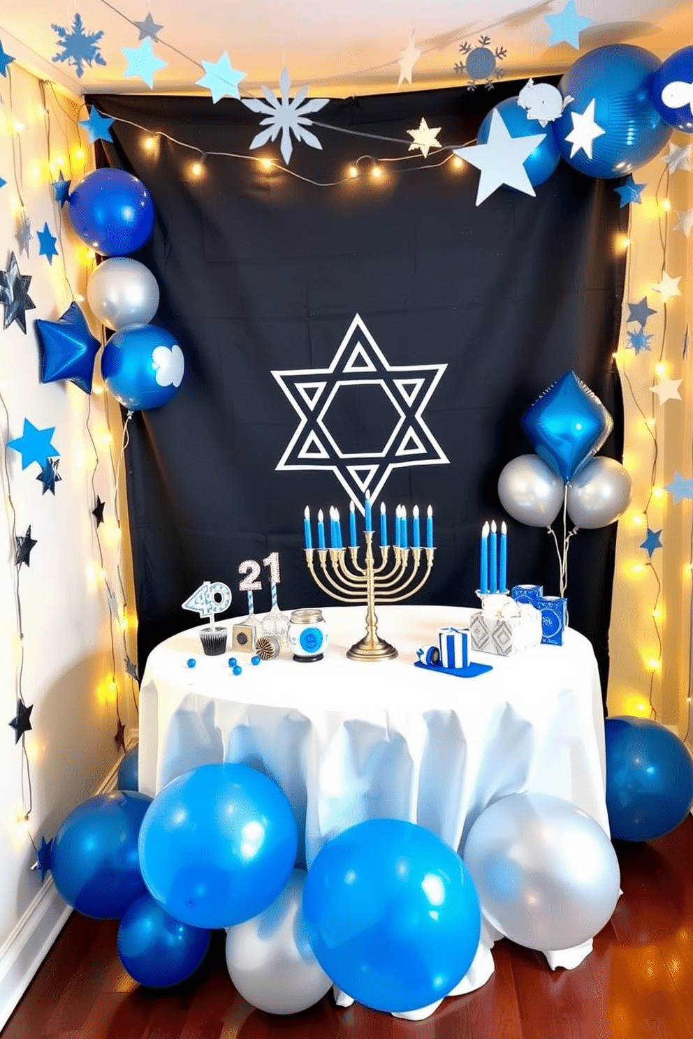 A cozy DIY Hanukkah-themed photo booth area adorned with string lights and a backdrop featuring a large Star of David. Festive props like dreidels, menorahs, and blue and silver balloons are scattered around to create a cheerful atmosphere. For small space Hanukkah decorating ideas, use a compact table adorned with a simple white tablecloth, blue candles, and a menorah as the centerpiece. Hang garlands of paper stars and snowflakes from the ceiling to add a whimsical touch without taking up floor space.