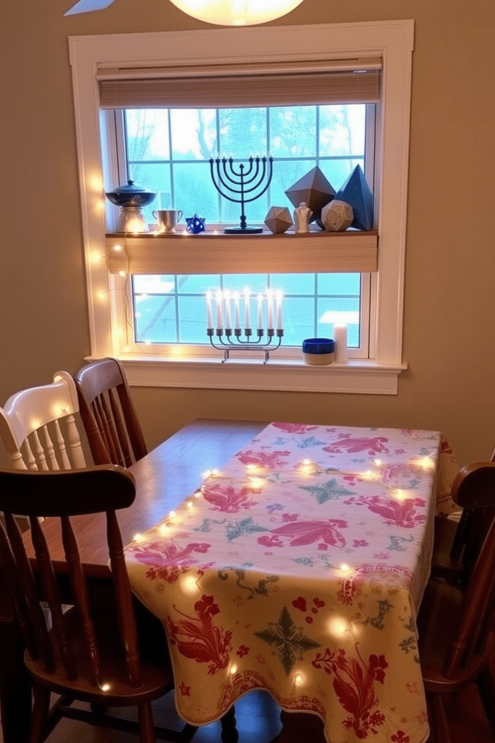 A seasonal tablecloth adorned with festive patterns drapes elegantly over a rustic wooden dining table, creating a warm and inviting atmosphere. Surrounding the table are mismatched chairs, each uniquely styled, adding character to the festive setting. For small space Hanukkah decorating ideas, a compact menorah takes center stage on a shelf, surrounded by twinkling fairy lights that enhance the cozy ambiance. Decorative dreidels and blue and silver accents are artfully arranged on the nearby windowsill, bringing joy and celebration to the limited space.